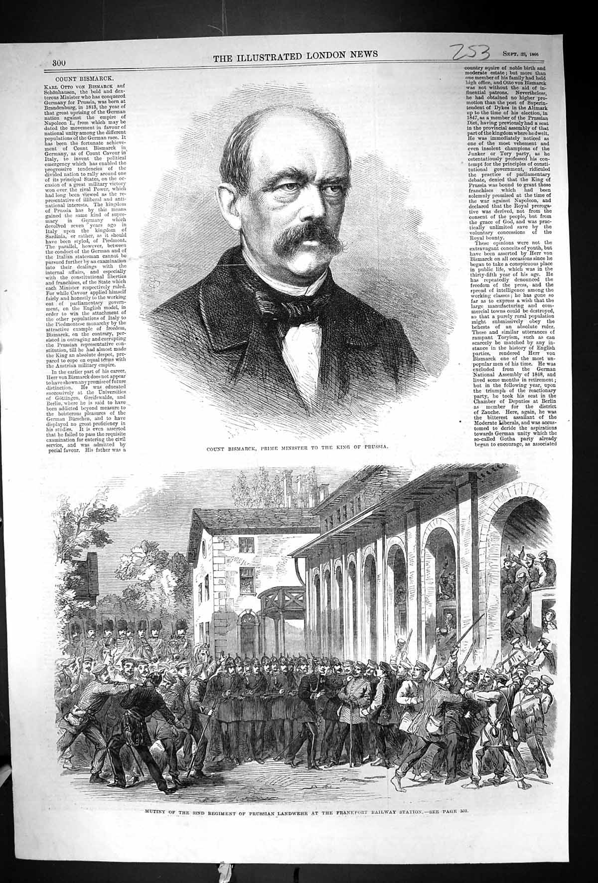 Old 1866 Count Bismarck Prime Minister King Prussia Mutiny Landwehr F Victorian