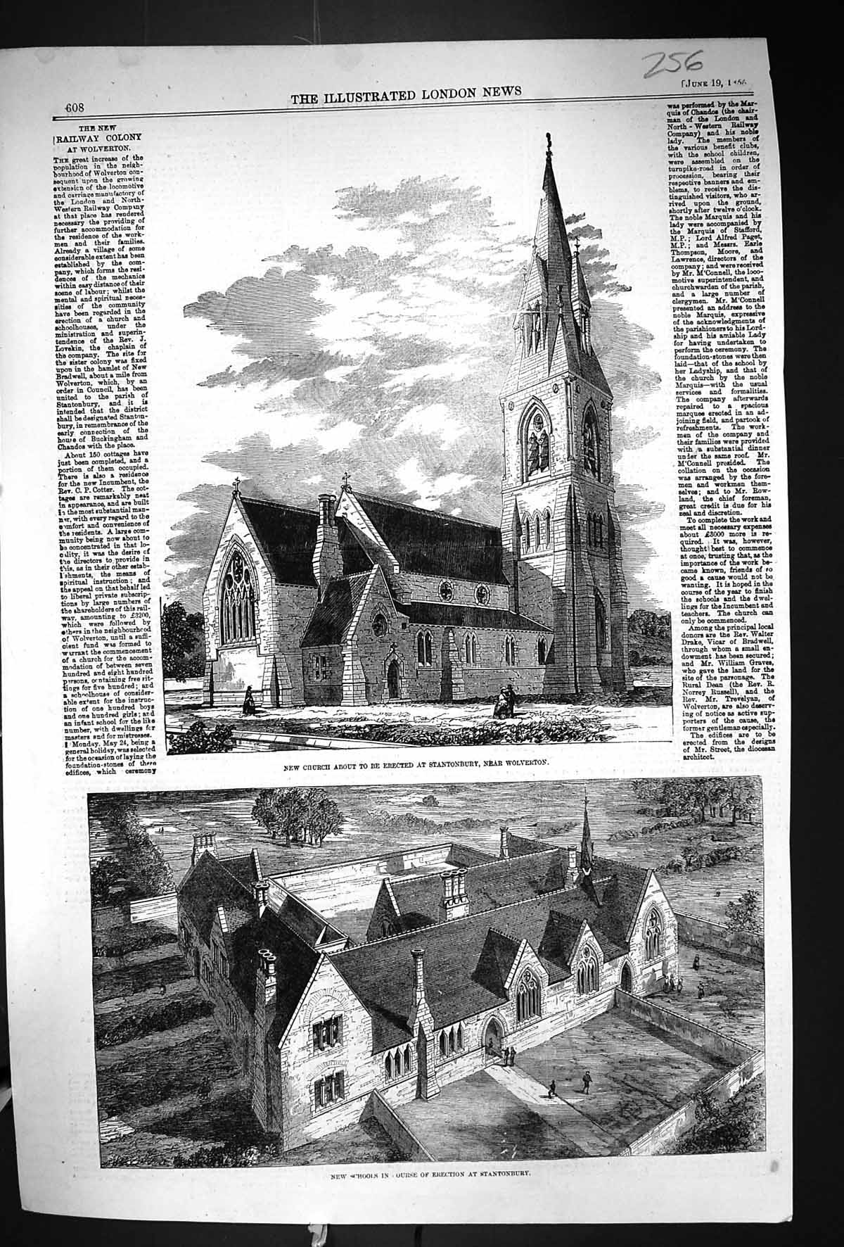 Antique Old Print 1858 Church Stantonbury Wolverton School House Architecture