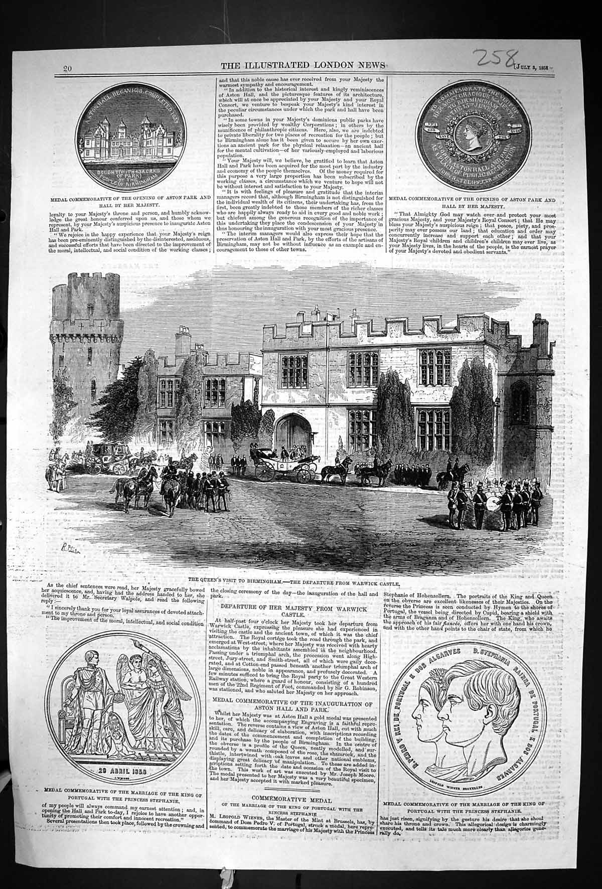Old 1858 Queen Birmingham Warwick Castle Medal Aston Park King Portug Victorian
