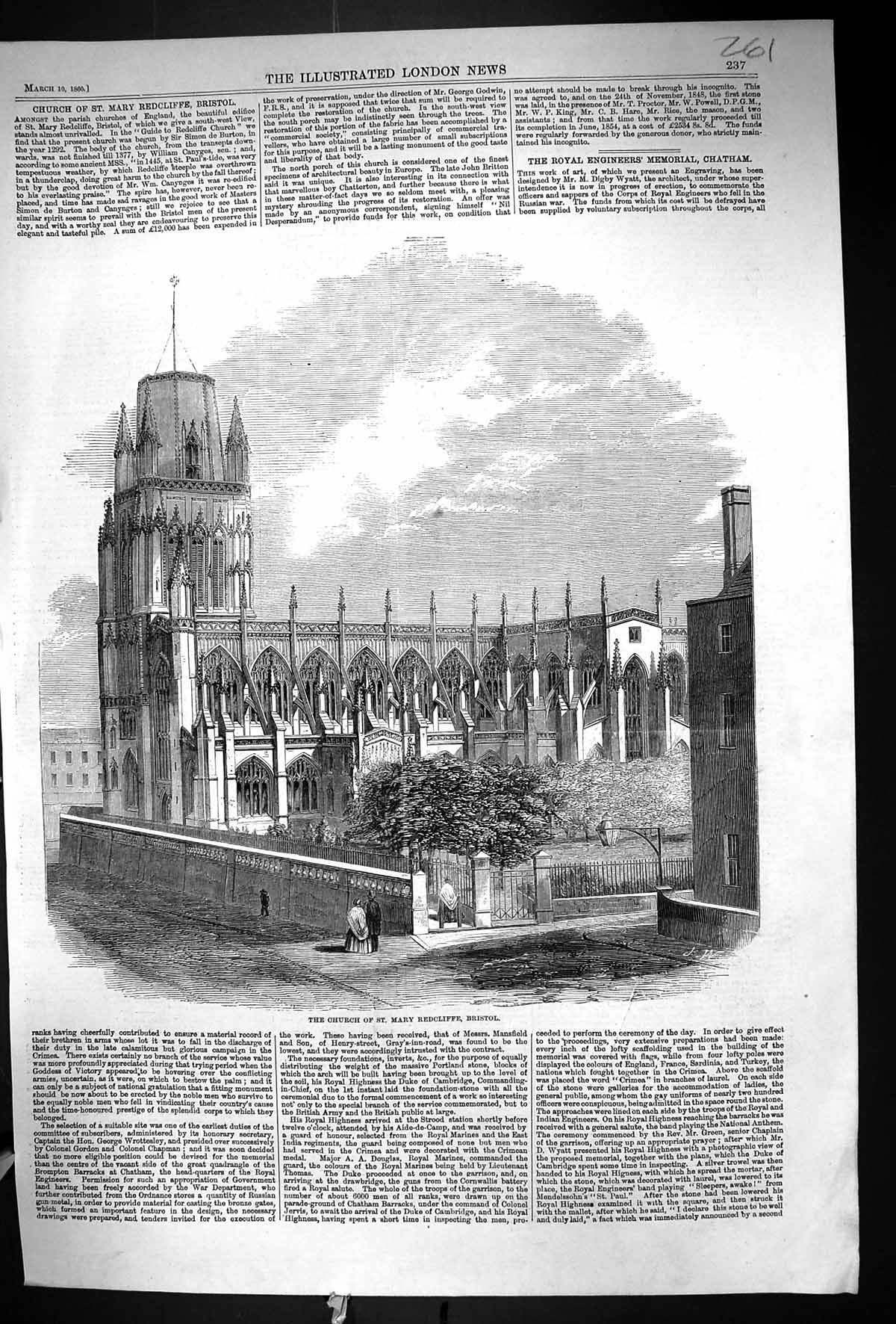 Antique Print 1860 Exterior Architecture Church St. Mary Redcliffe Bristol 19th