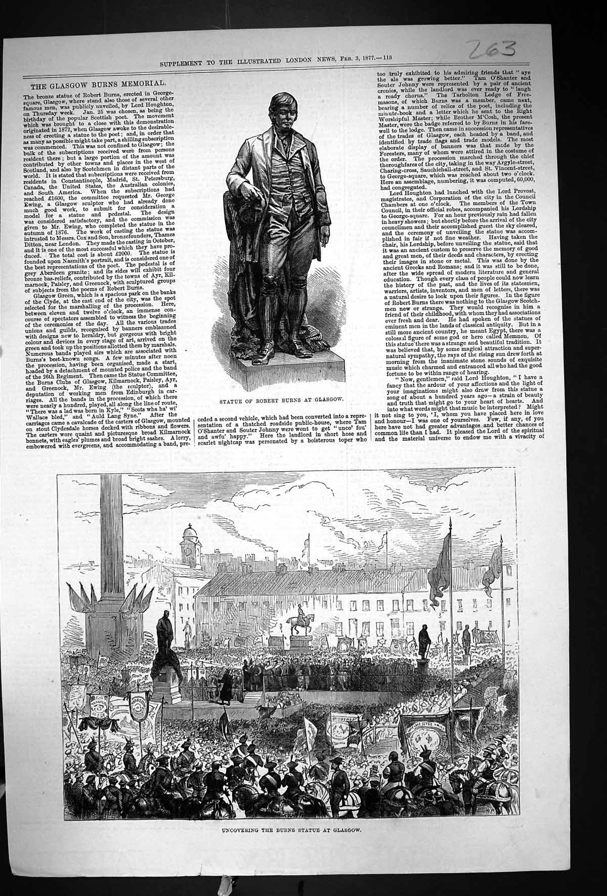 Old 1877 Statue Robert Burns Glasgow Unveiling Lord Houghton Scotland Victorian