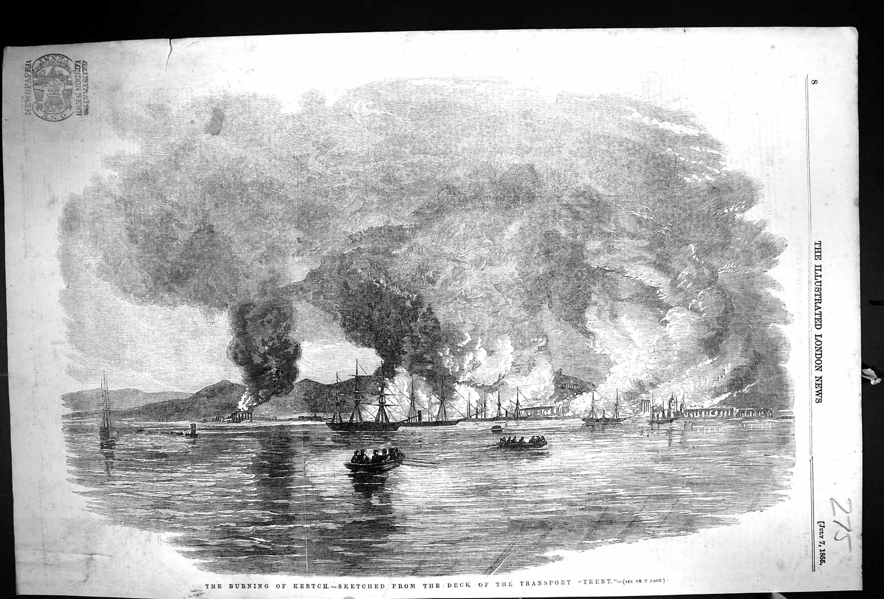 Original Old Antique Print 1855 Scene Burning Kertch Fire Ships Transport Trent