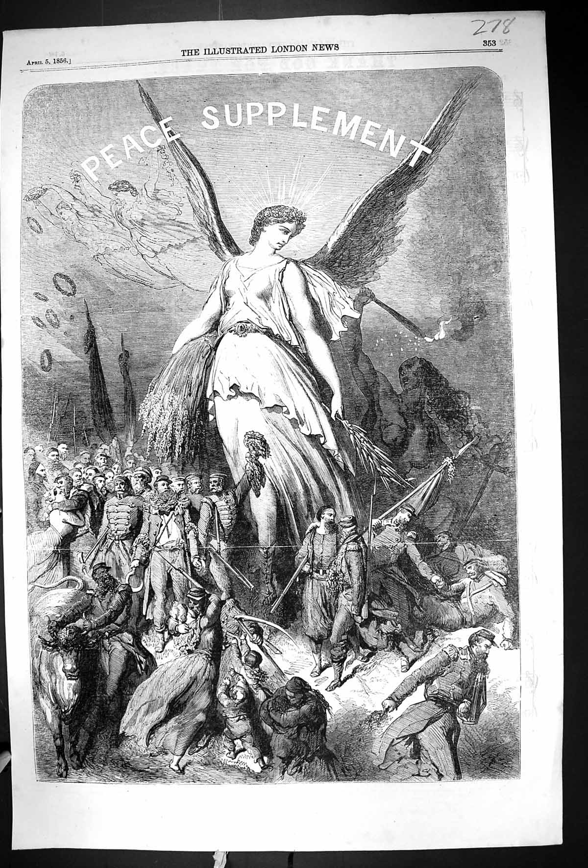 Original Old Antique Print 1856 Peace Supplement Angel Siers Weapons War 19th