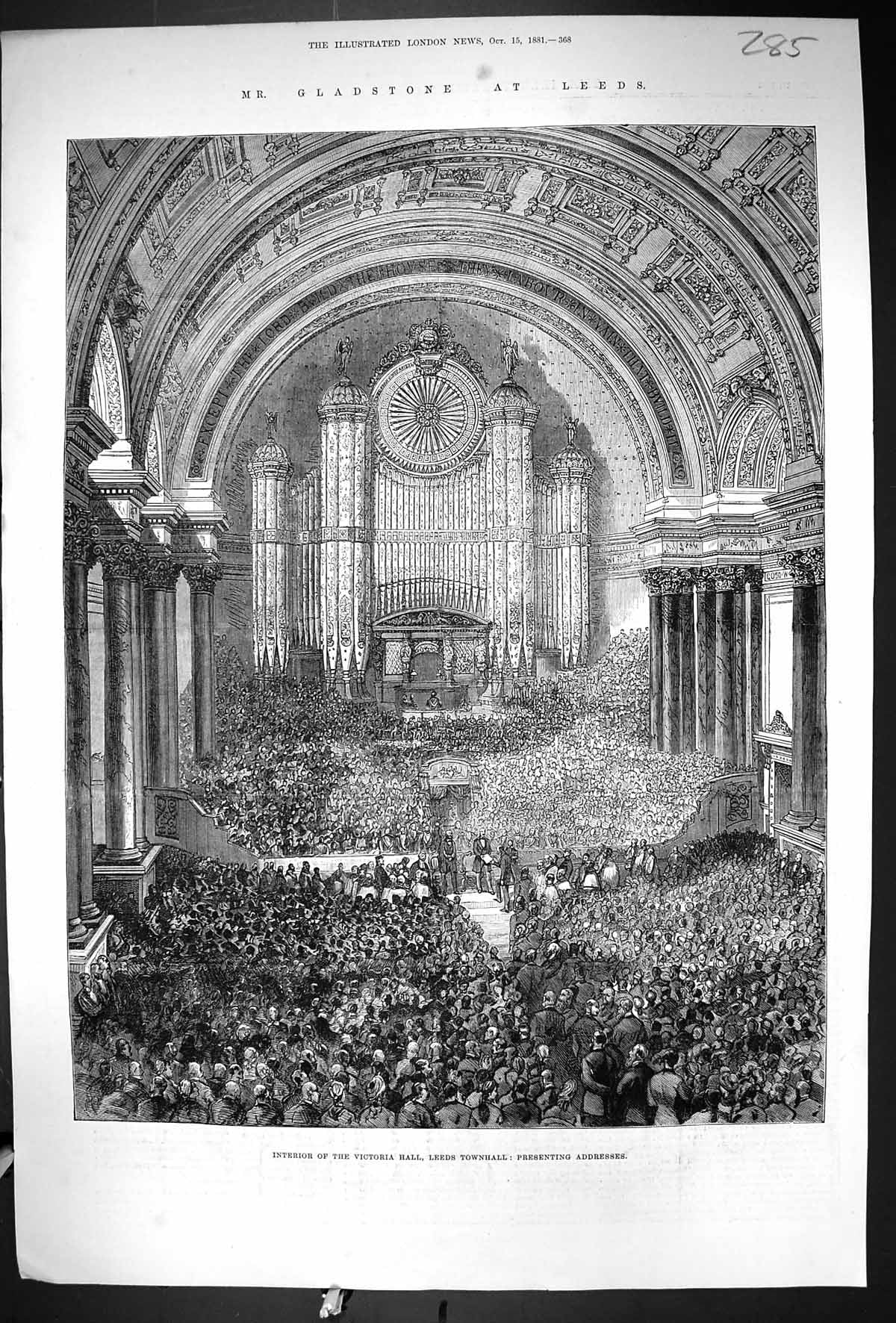 Antique Old Print 1881 Mr. Gladstone Leeds Interior Victoria Hall Townhall 19th