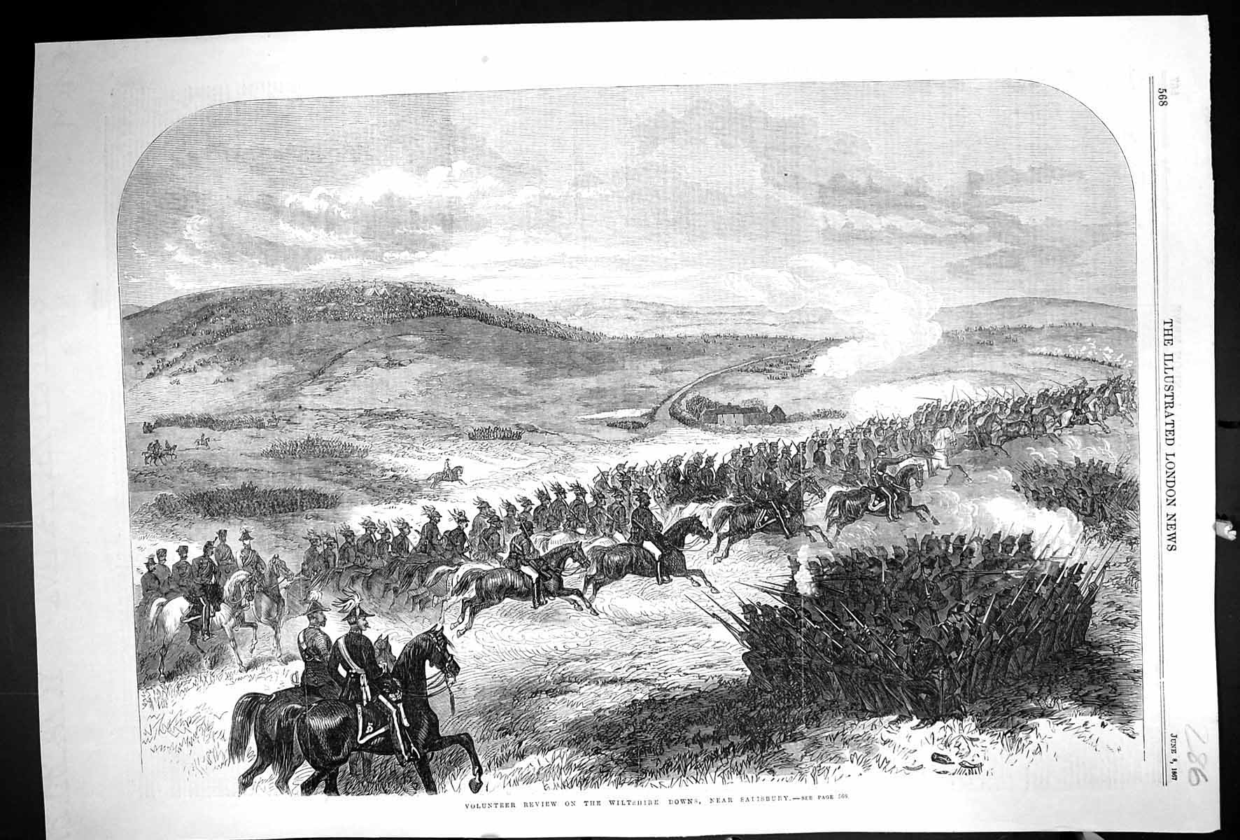 Old Print 1867 War Volunteer Review Wiltshire Downs Salisbury England Si 19th