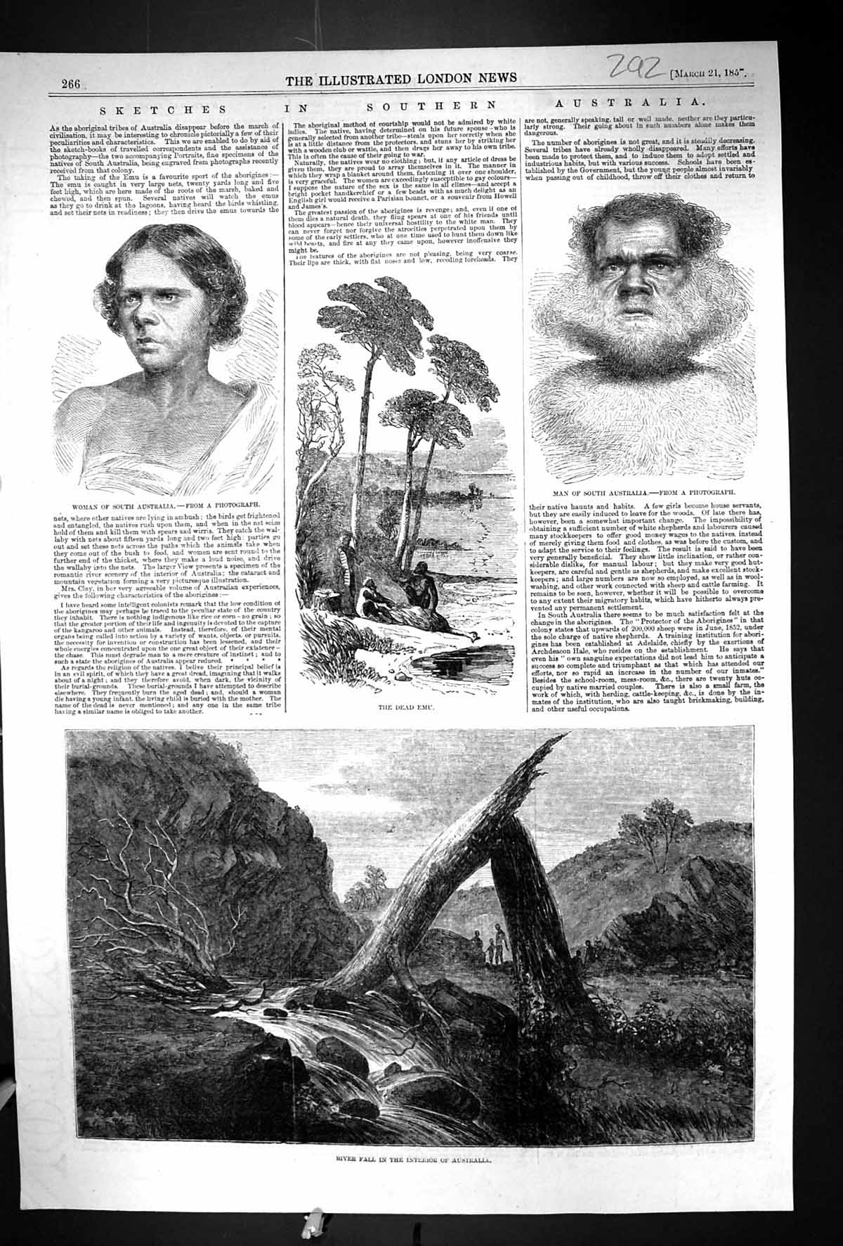 Old Antique Print 1857 Australia Dead Emu Woman Man Portrait River Fall 19th