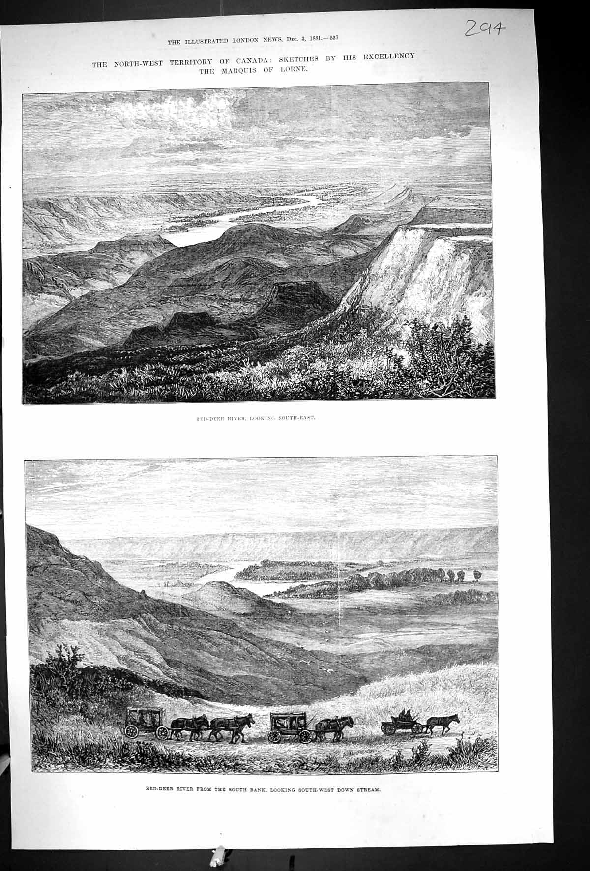 Old Print 1881 Red-Deer River Canada Marquis Lorne Mountains Horses Coach 19th