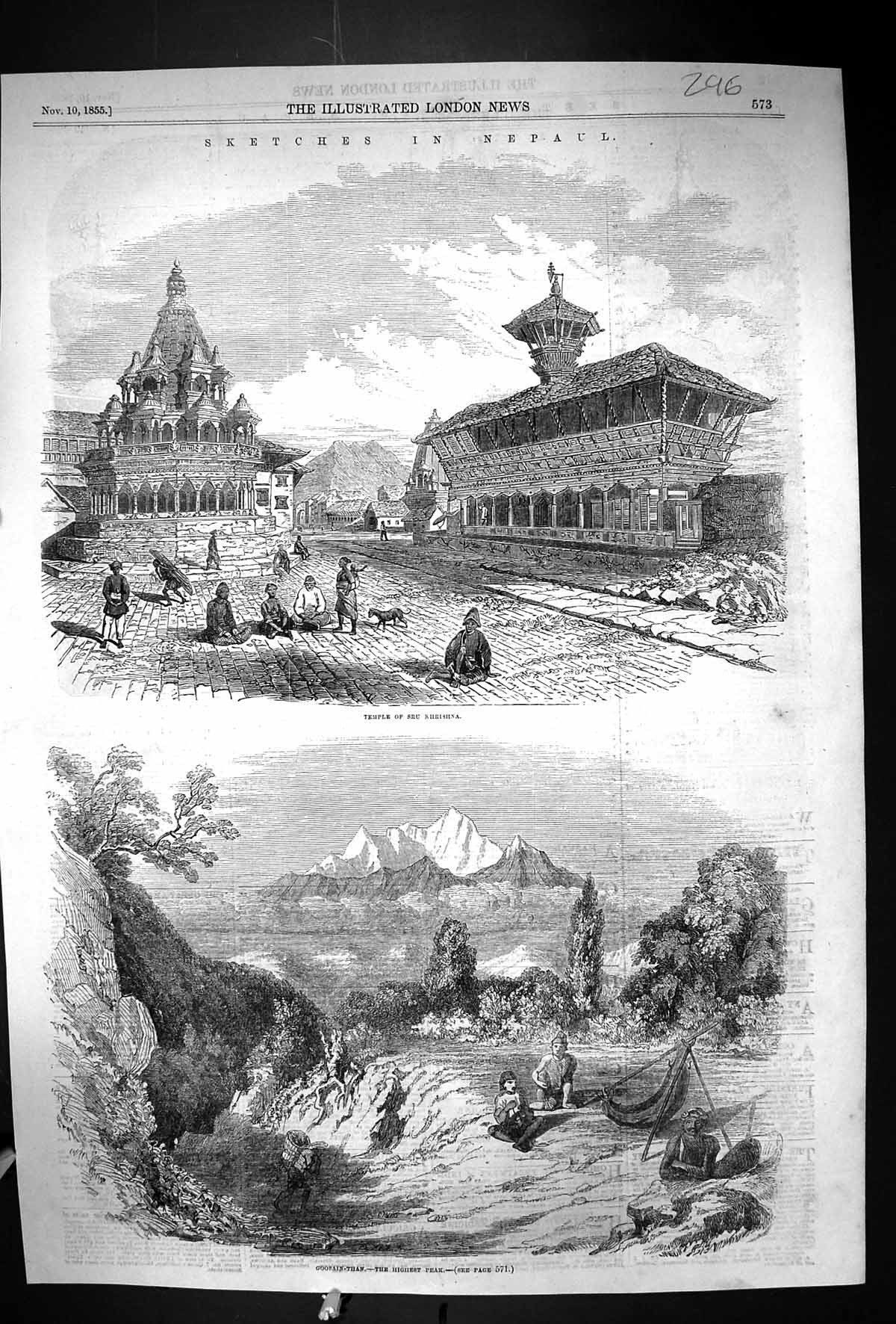 Old Antique Print 1855 Nepaul Temple Sru Khrishna Goosain-Than Mountains 19th