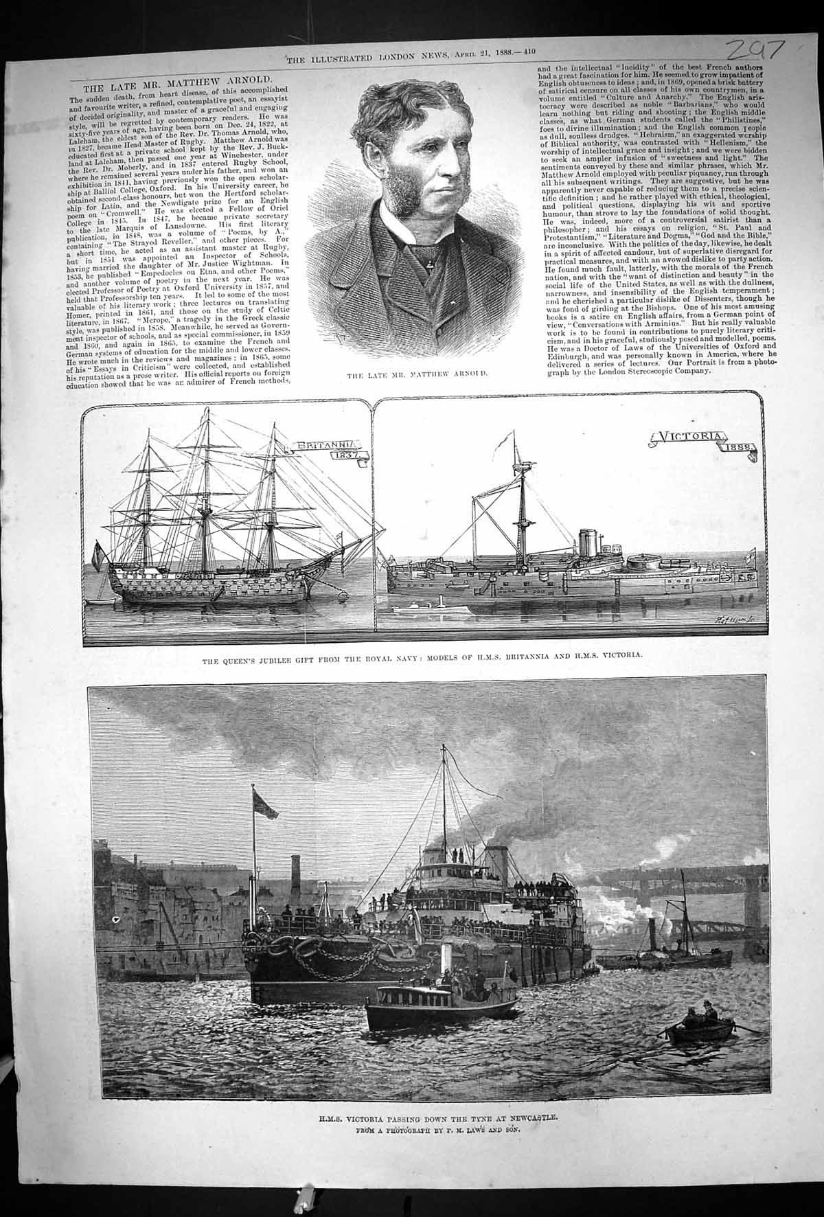 Antique Print 1888 Matthew ArnShip H.M.S. Victoria Newcastle Models Britann