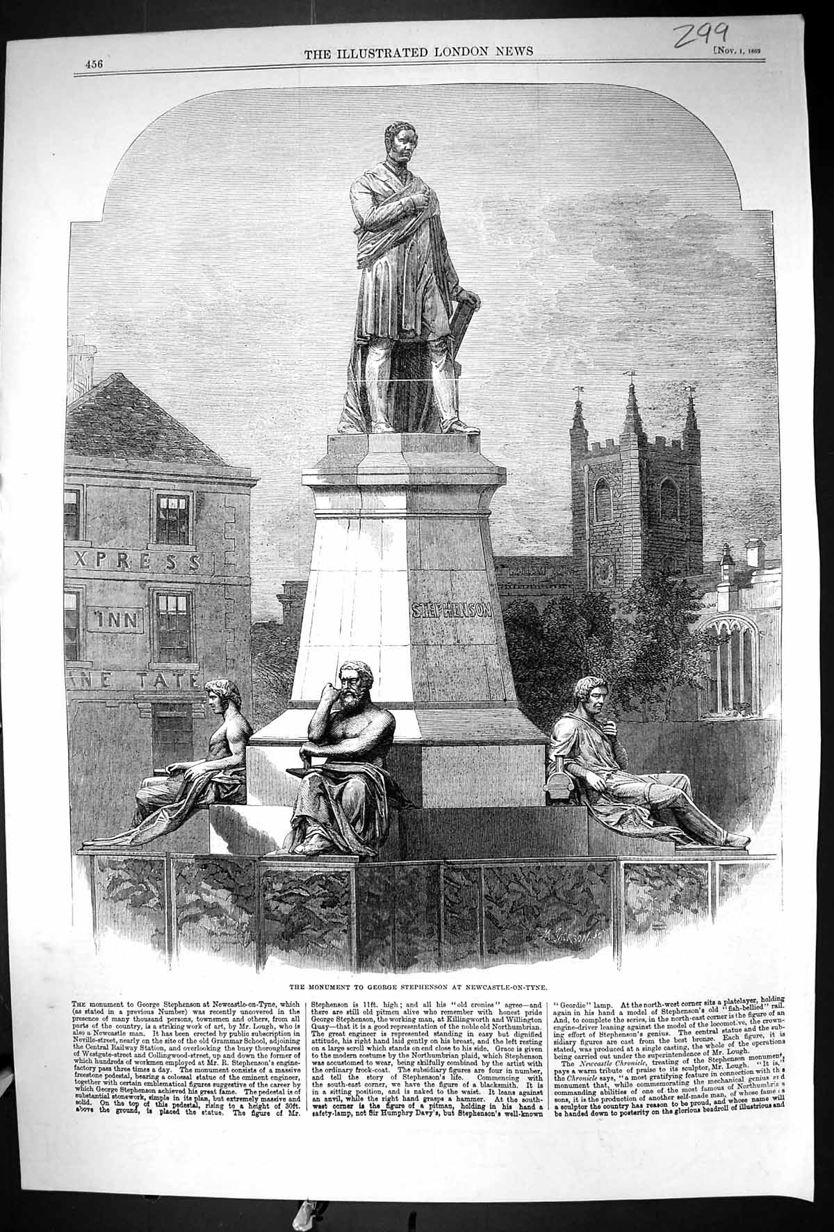 Antique Old Print 1862 Monument George Stephenson Newcastle-On-Tyne England