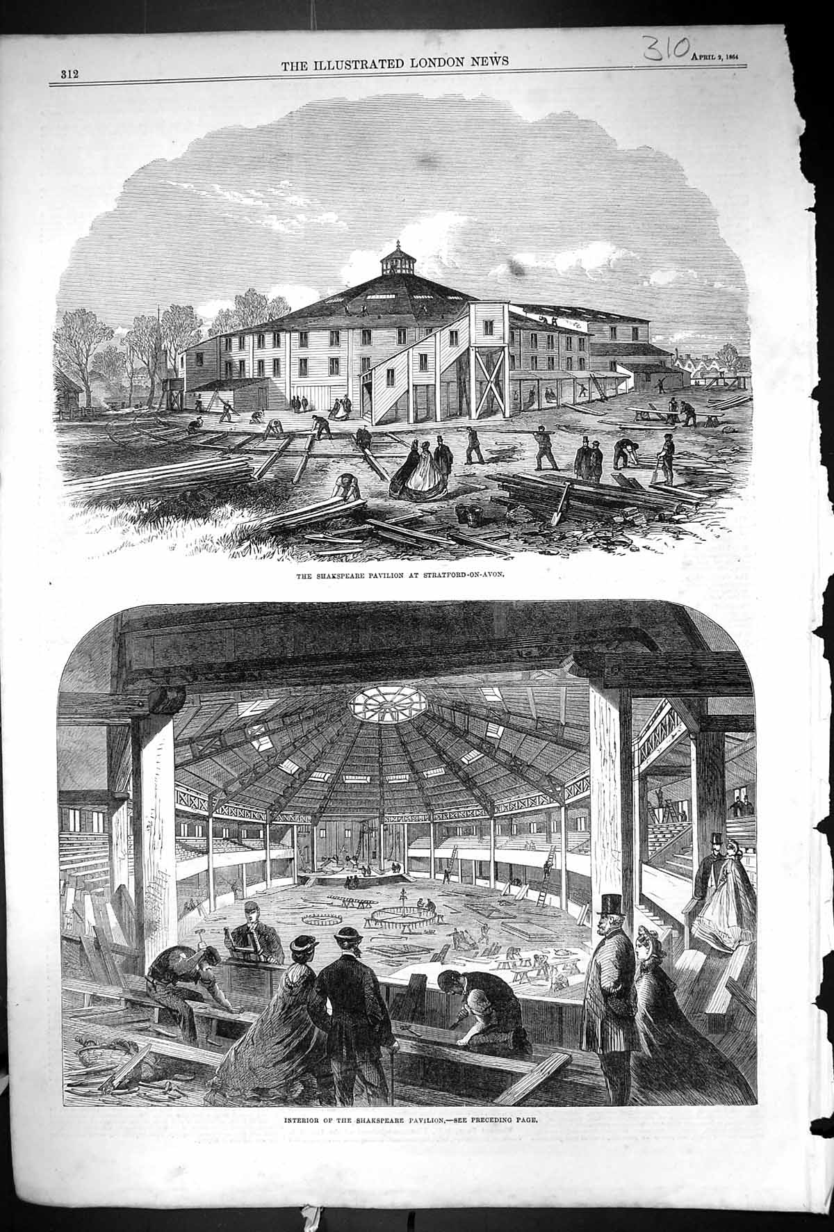 Original Old Antique Print 1864 Shakspeare Pavilion Stratford-On-Avon Interior