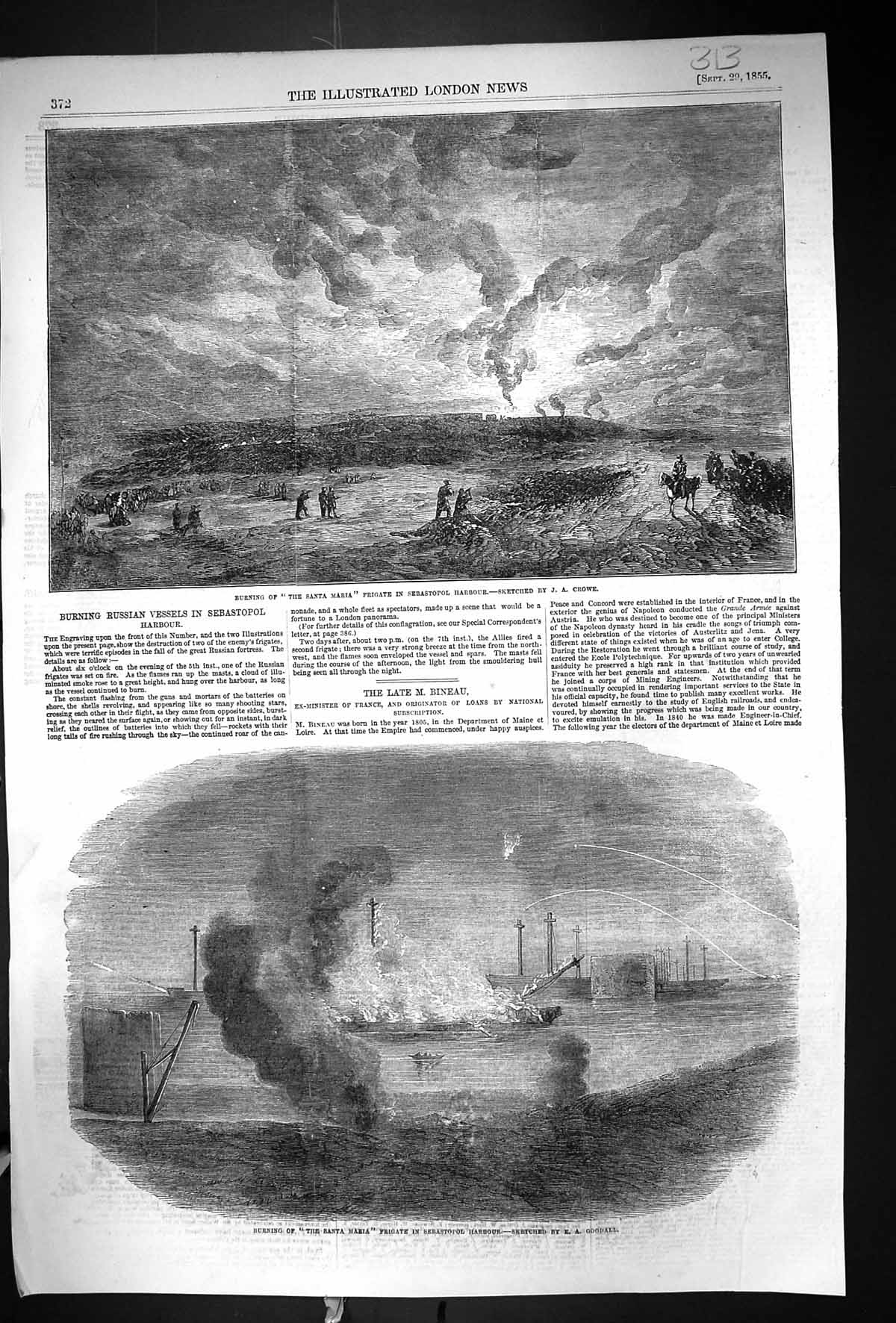 Antique Print 1855 Burning Santa Maria Frigate Ship Sebastopol Harbour War 19th