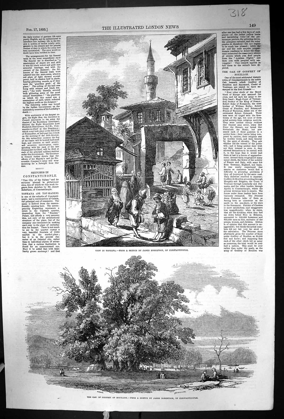 Old 1855 View Tophana Constantinople Oak Tree Godfrey Bouillon Robert Victorian