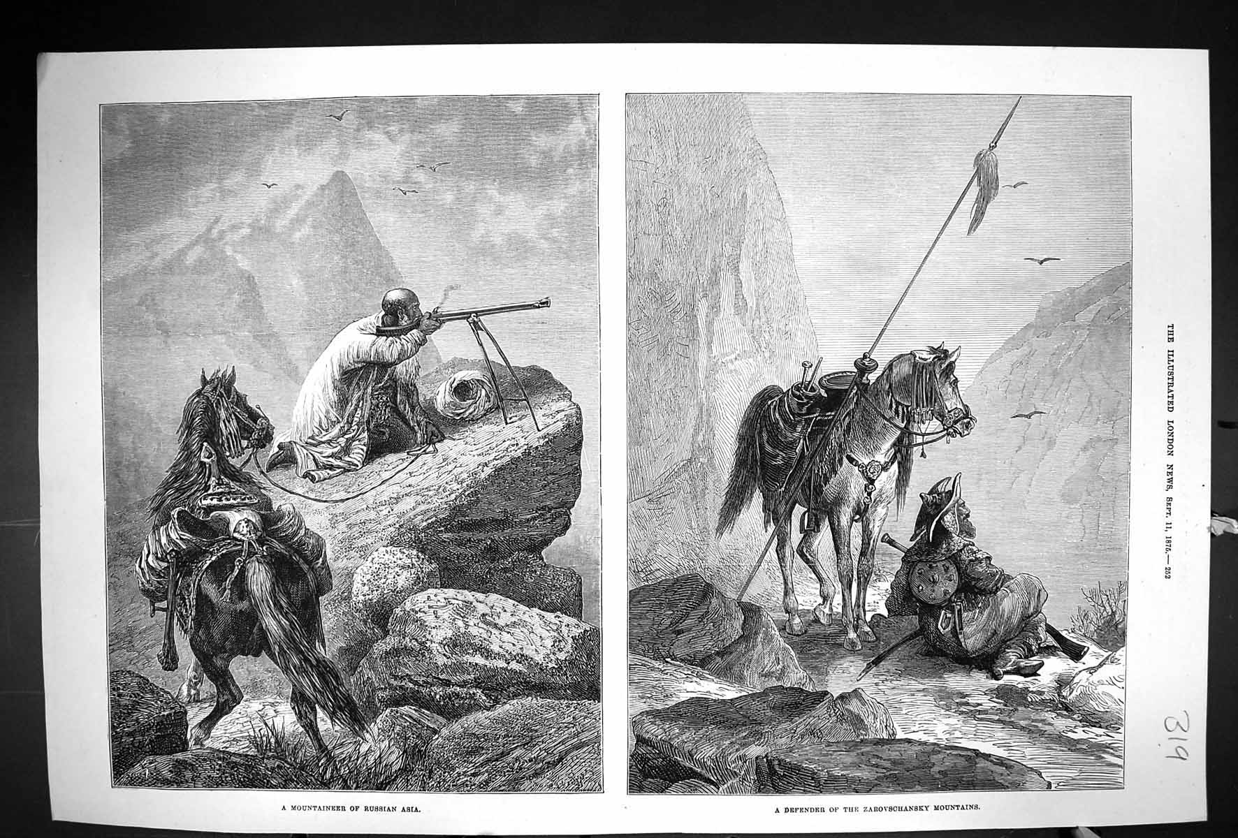 Old Print 1875 Mountaineer Russian Asia Defender Zarovschansky Mountains 19th