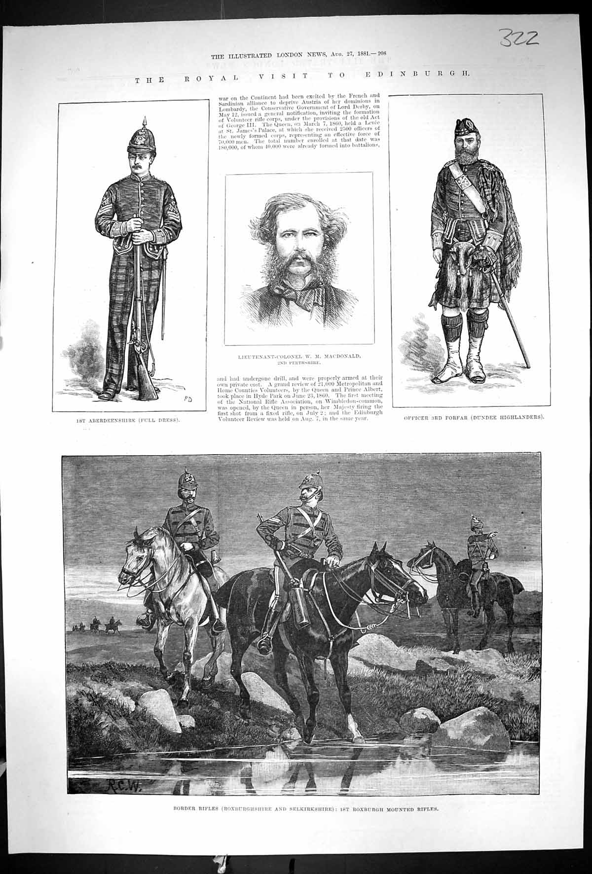 Old Print 1881 Border Rifles Roxburgh Mounted Siers Macdonald Aberdeensh 19th