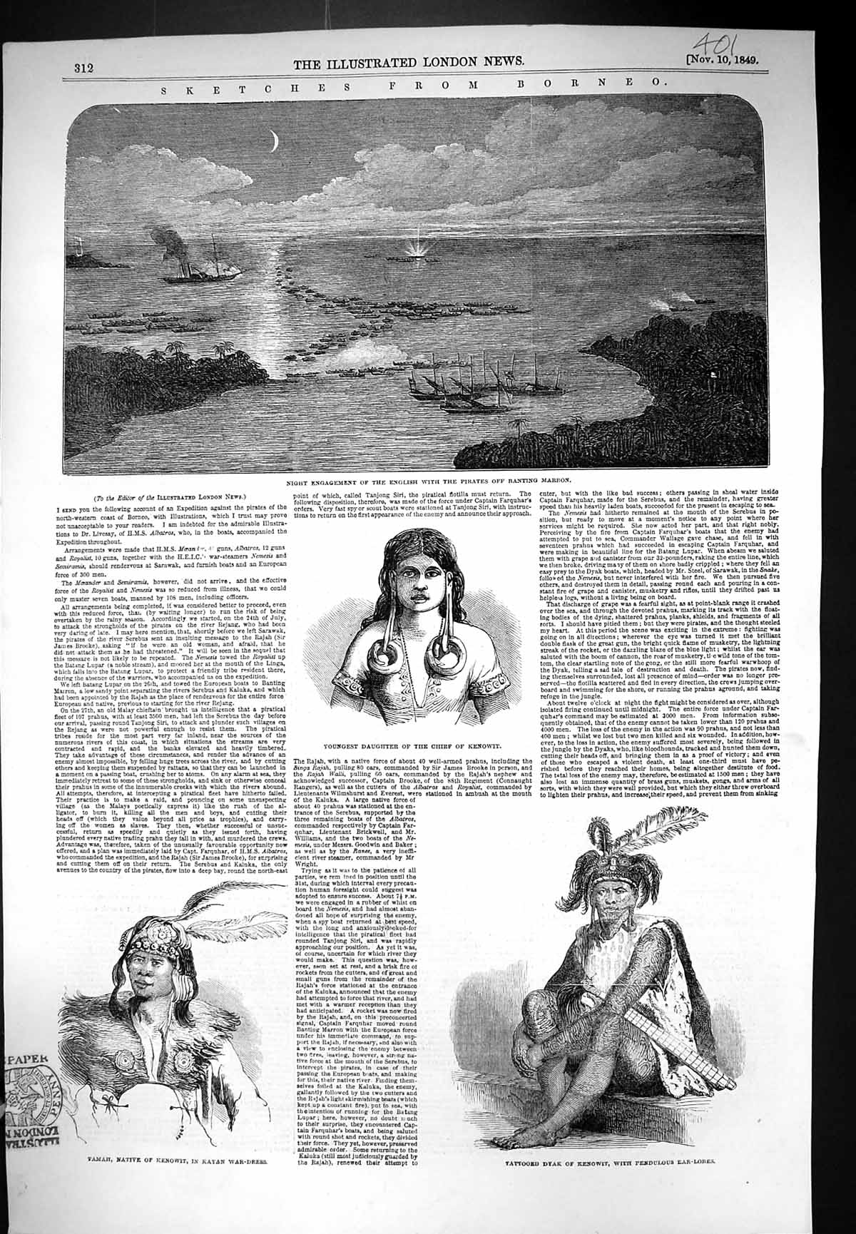 Old 1849 Borneo Battle British Ships Pirates Banting Marron Tamah Ken Victorian