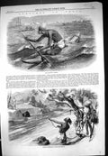 Old Print 1858 India Catamaran Postman Slinging Letter Bags Across River 19th