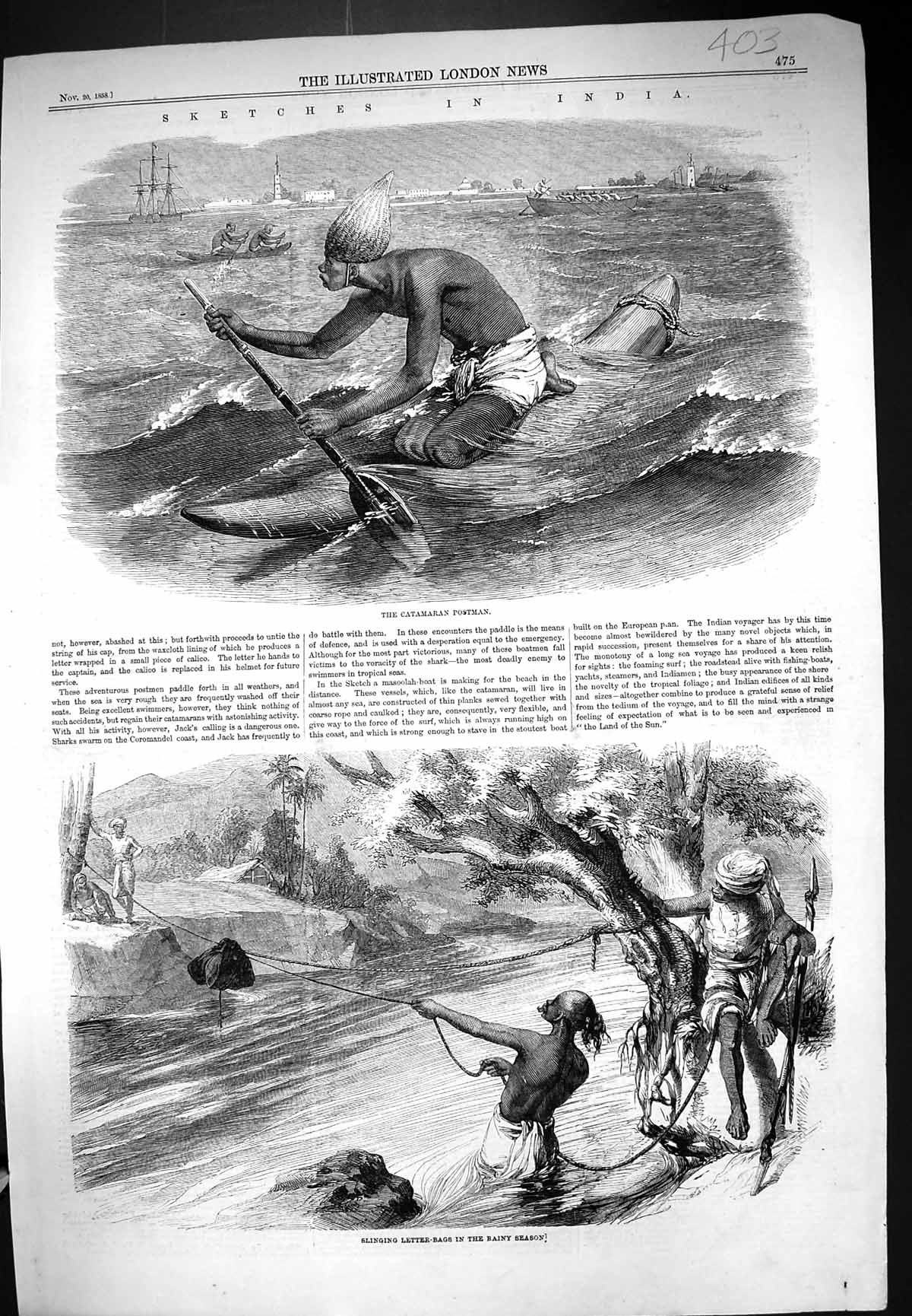 Old Print 1858 India Catamaran Postman Slinging Letter Bags Across River 19th