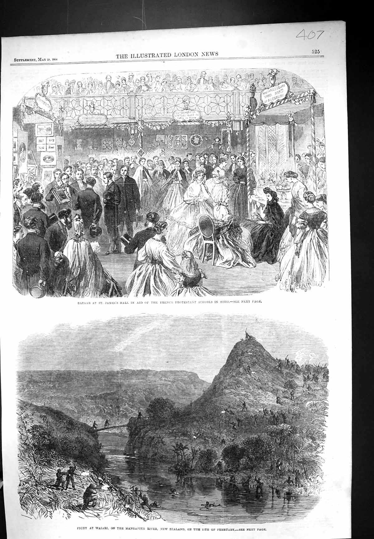 Old 1864 Bazaar St. James'S Hall Soho Fight Waiari Mangapiko River Ne Victorian