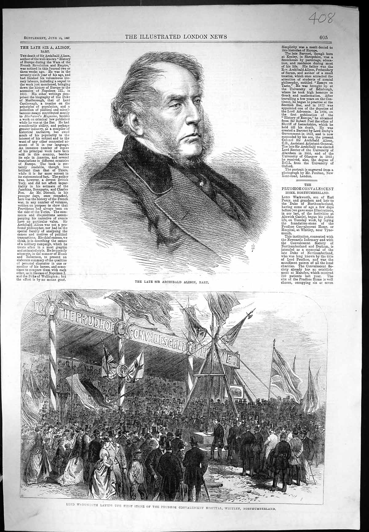 Antique Print 1867 Archibald Alison Lord Warkworth Prudhoe Hospital Whitley