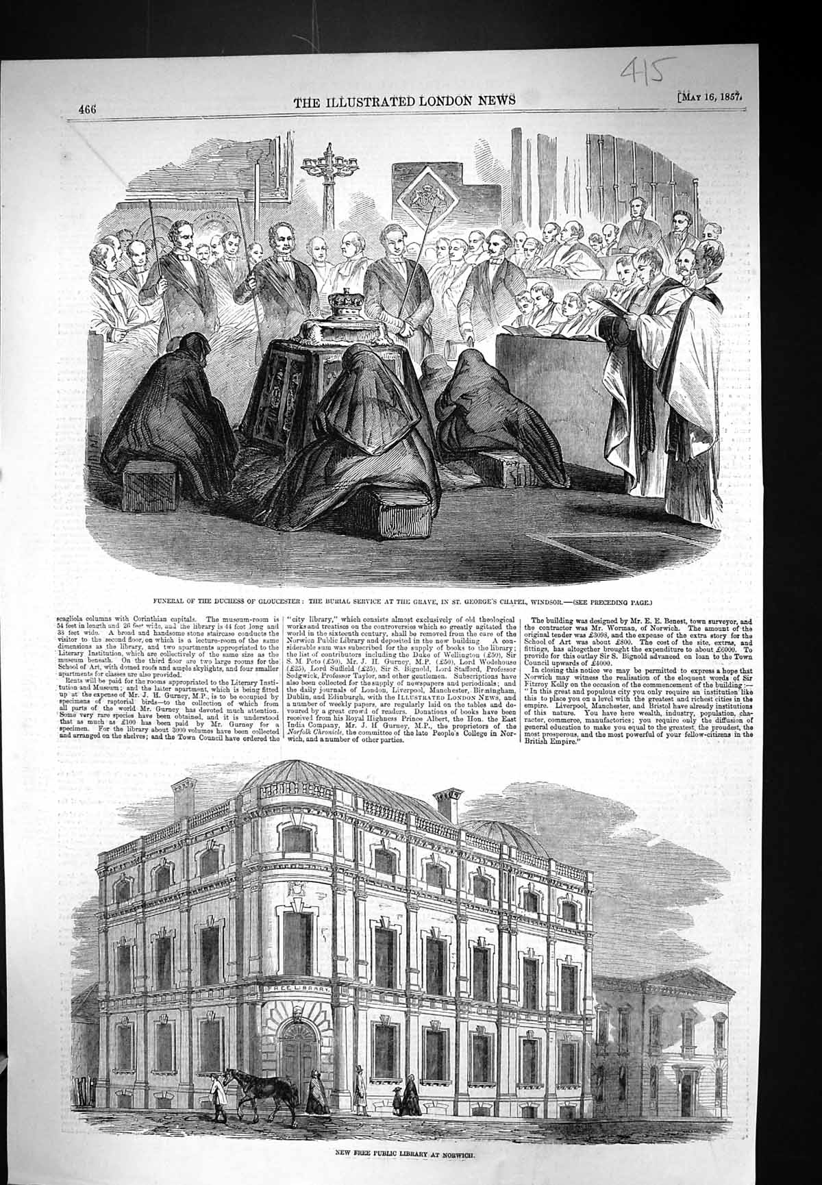 Old 1857 Funeral Duchess Gloucester George'S Chapel Windsor Library N Victorian