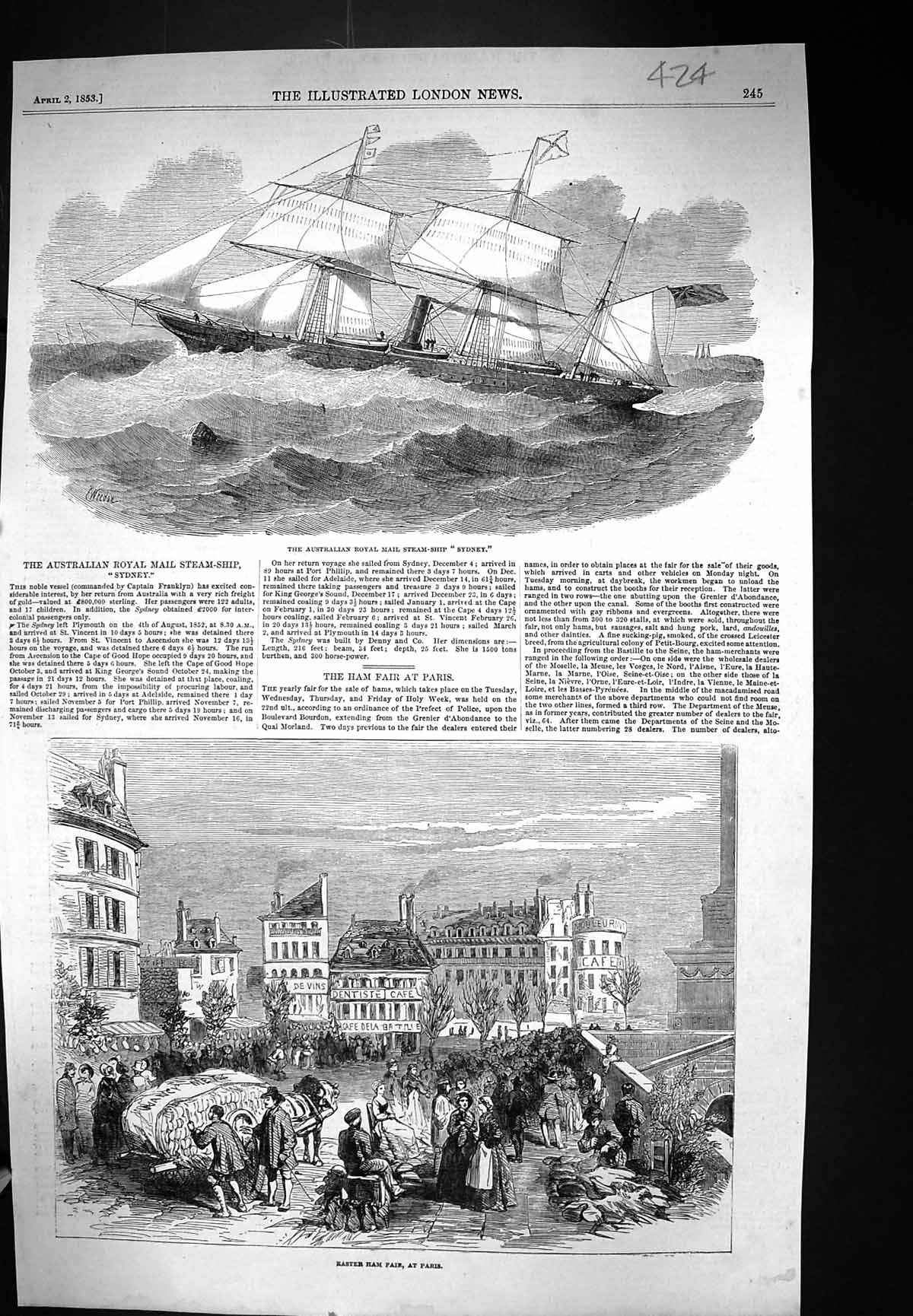 Old 1853 Australian Royal Mail Steam Ship Sydney Easter Ham Fair Pari Victorian
