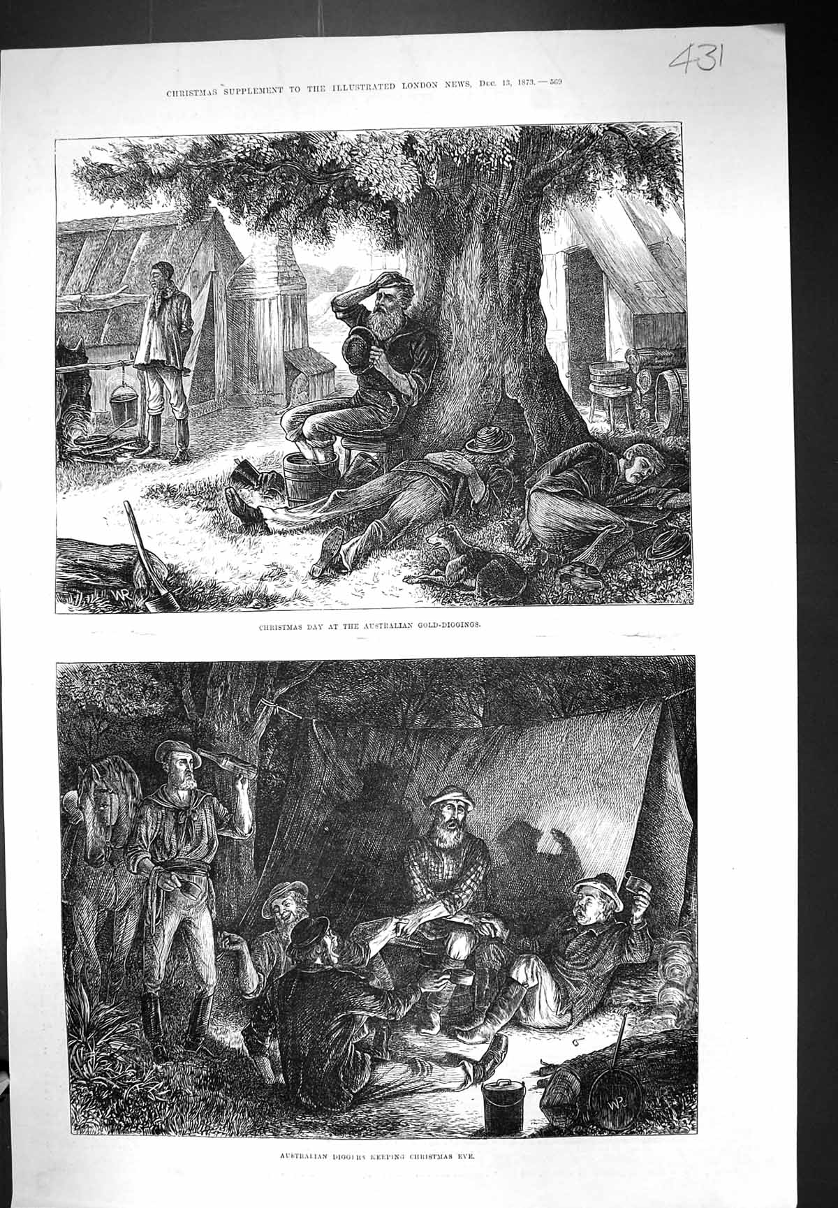 Original Old Antique Print 1873 Christmas Day Scene Australia GMining Diggers