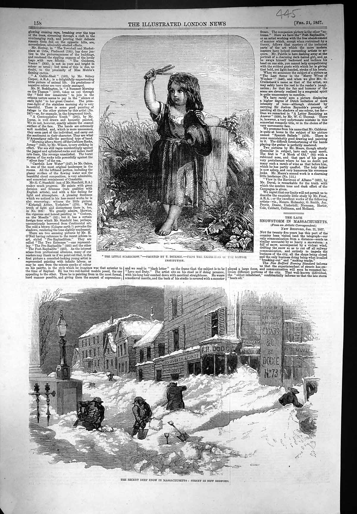 Old 1857 Little Scarecrow Girl Deep Snow Massachusetts Street Scene B Victorian