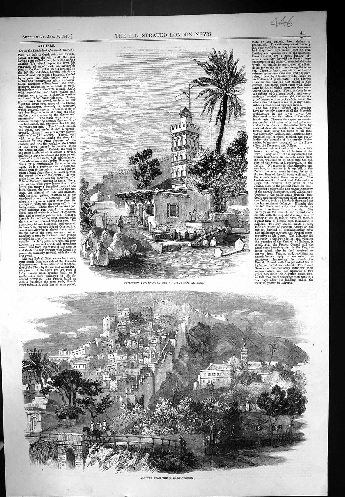 Antique Old Print 1858 Cemetery Tomb Sidi Abderahman Algiers Parade Ground 19th