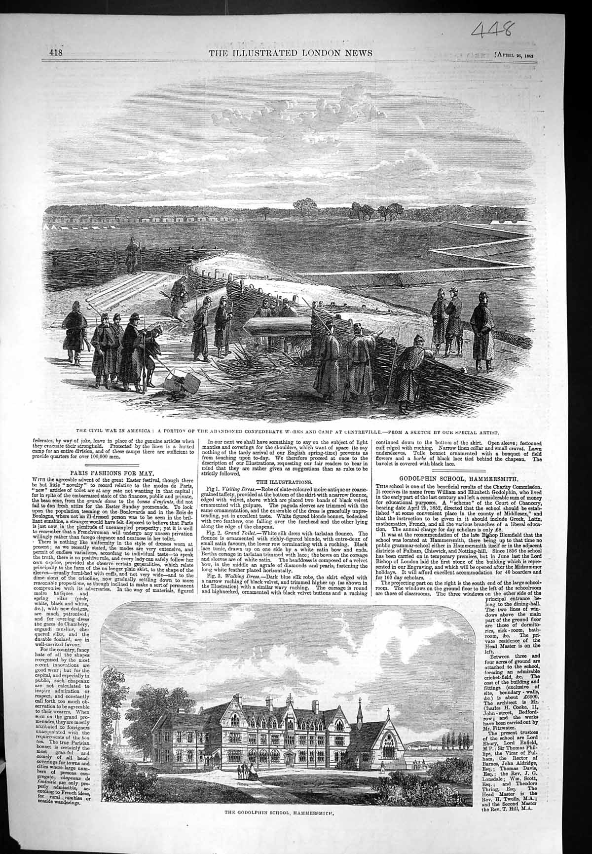 Old Antique Print 1862 Civil War America Camp Centreville Godolphin Sch 19th