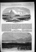 Antique Old Print 1858 View Sandy Lake Minnesota Iowa Prairie Birds Man Canoe