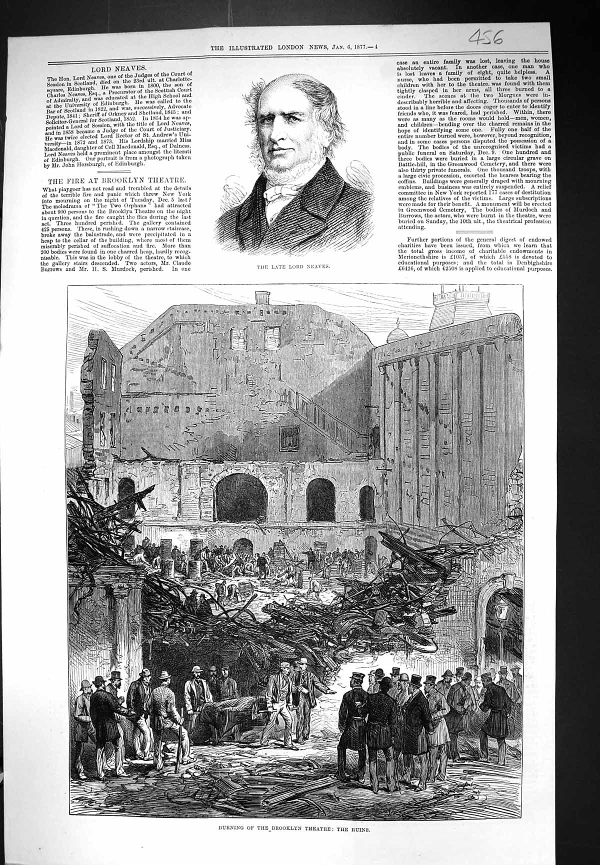 Old Antique Print 1877 Lord Neaves Burning Brooklyn Theatre Fire America 19th