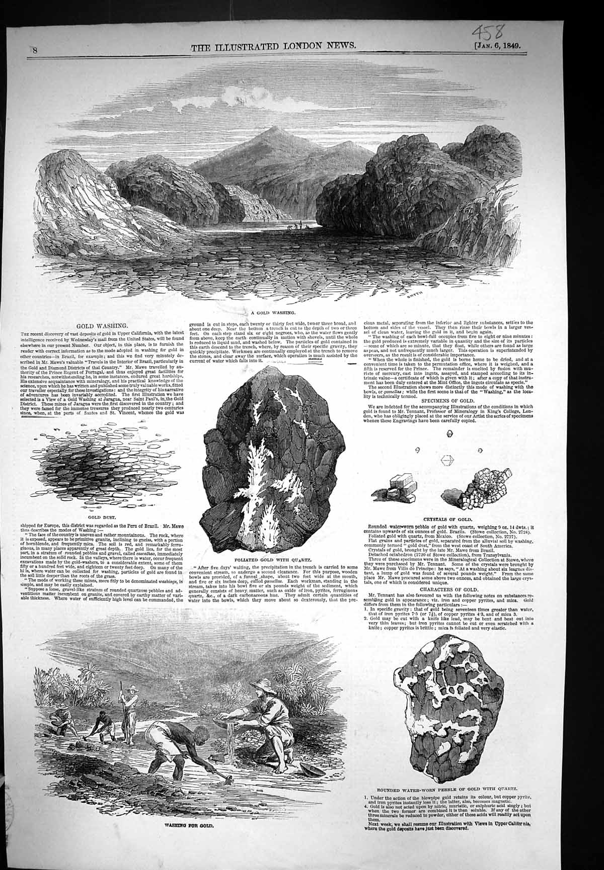 Antique Print 1849 GMining Washing Water-Worn Pebble Quartz Crystals Dust A