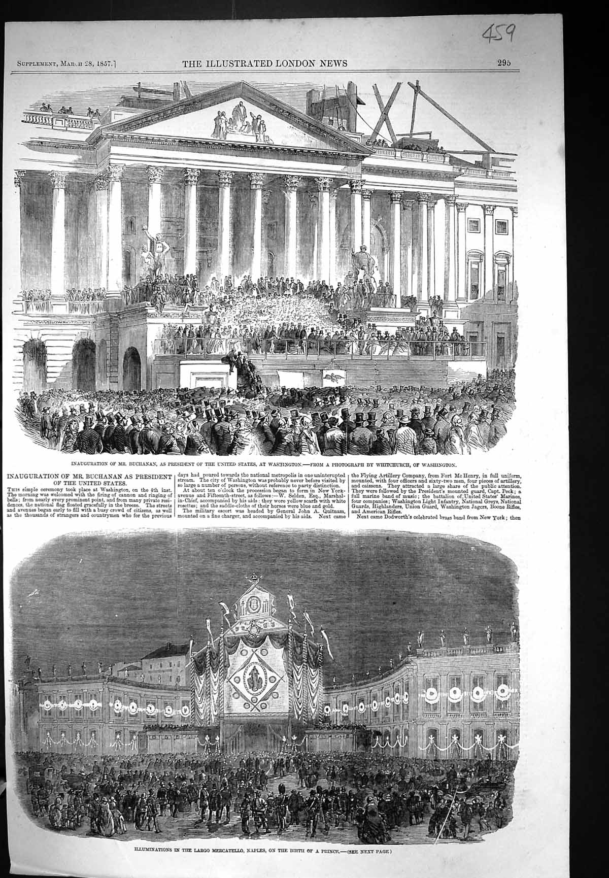 Old 1857 Inauguration Buchanan President America Illuminations Largo Victorian