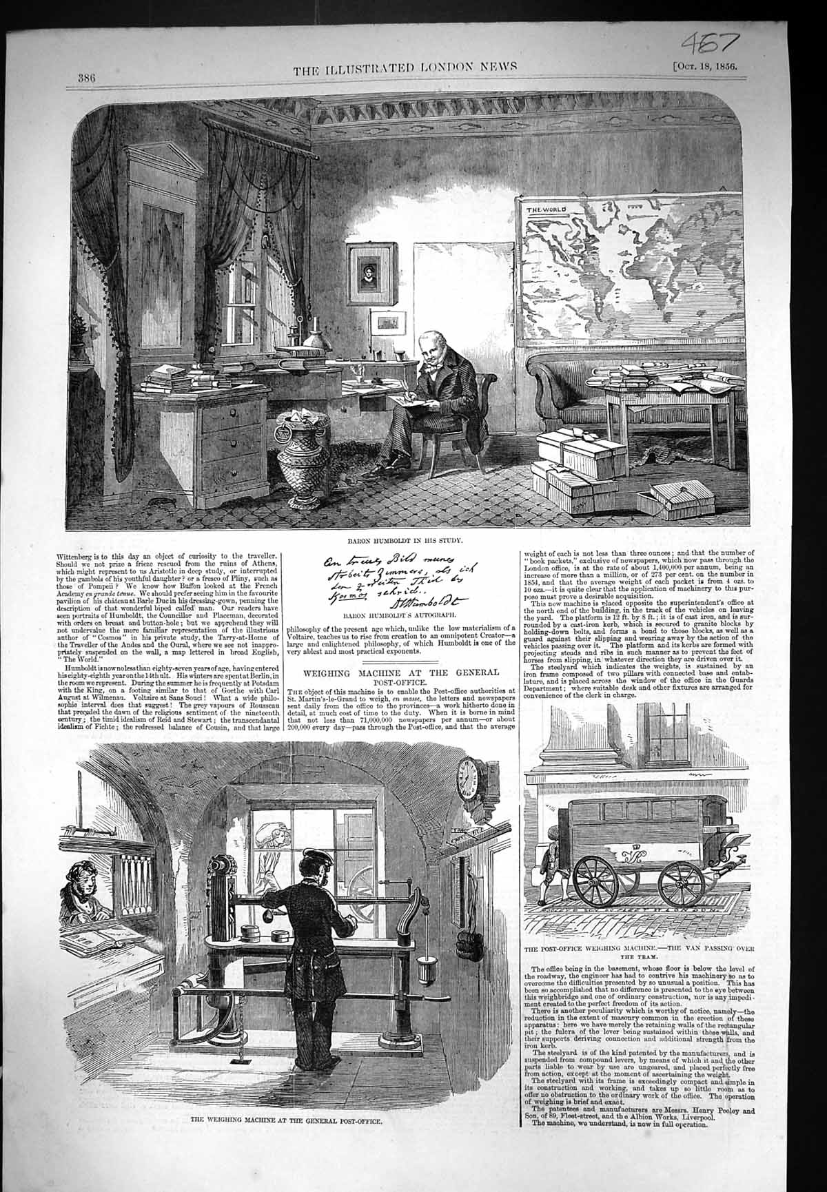 Old Print 1856 Baron Humbt Study Weighing Machine General Post Office Va 19th