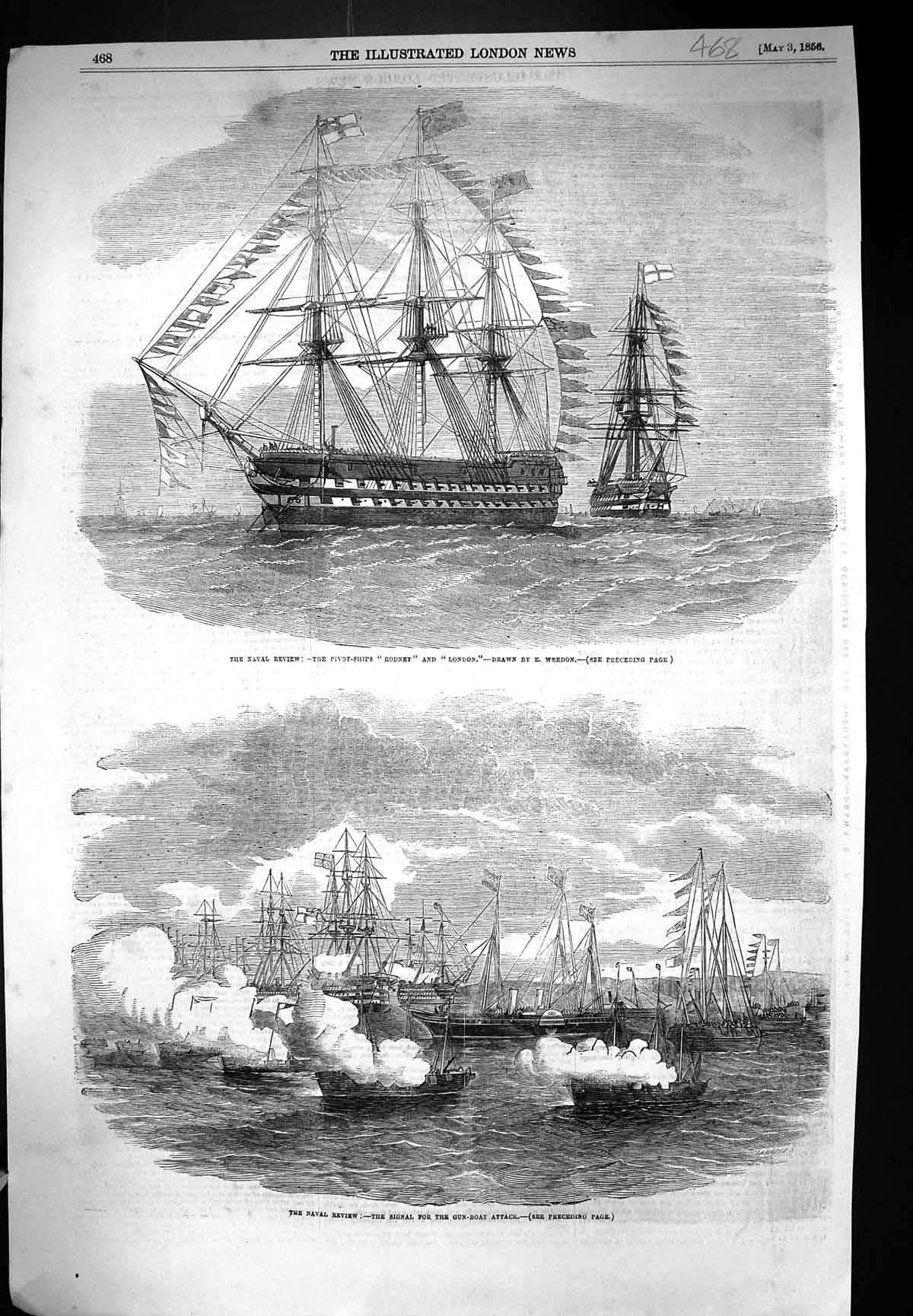Antique Print 1856 Navy War Pivot Ship Rodney London Signal Gun-Boat Attack