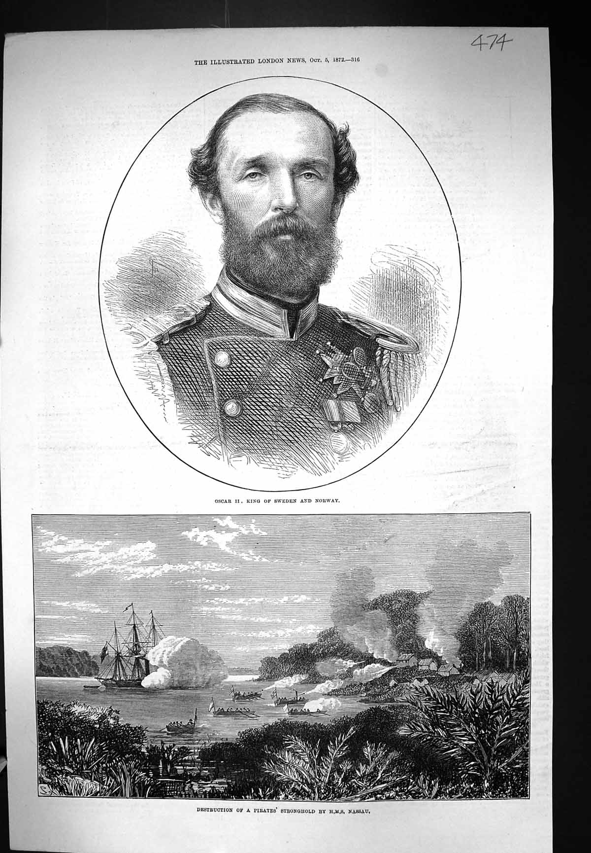Old 1872 Oscar Ii King Sweden Norway Destruction Pirates Ship Nassau Victorian