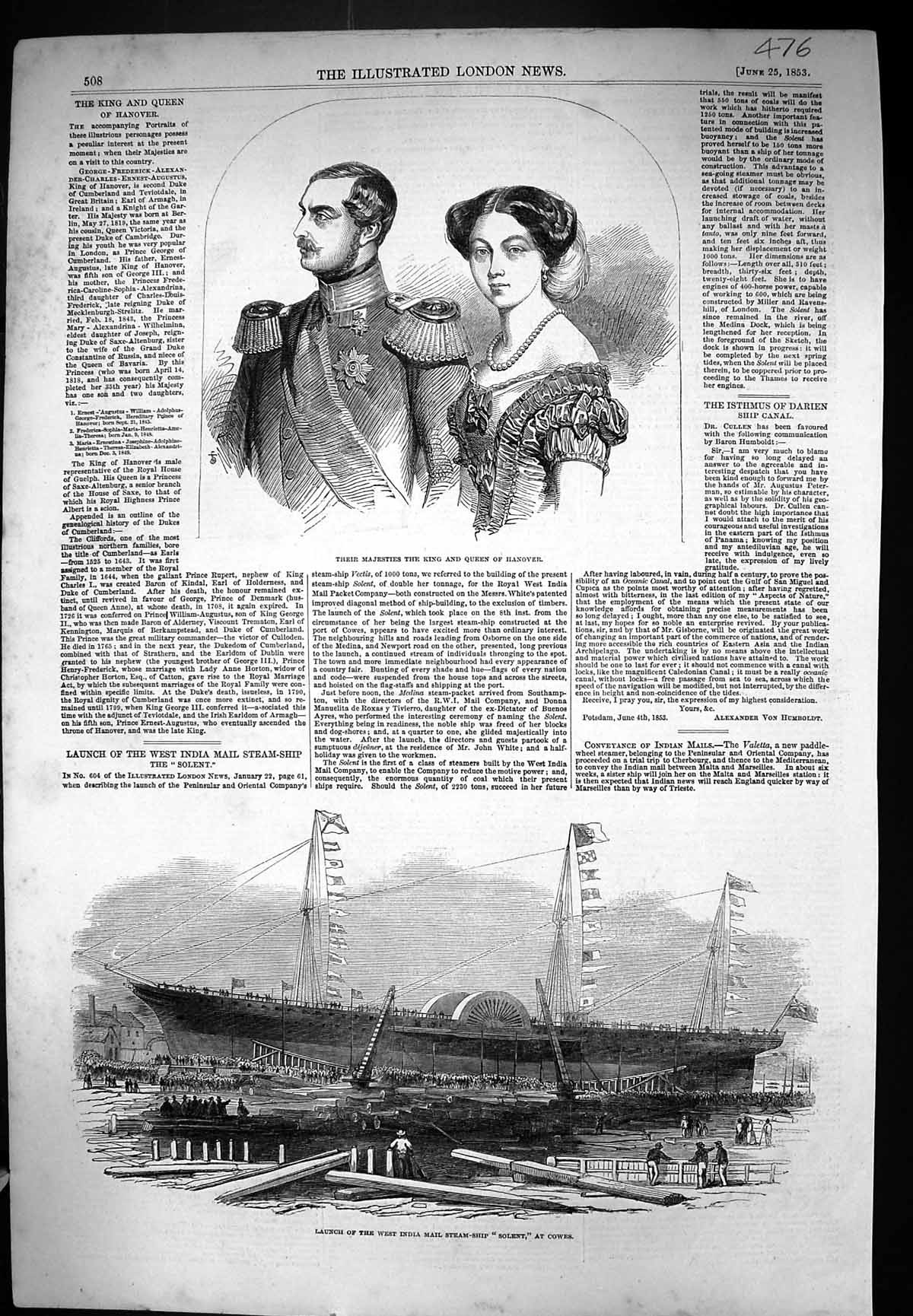 Old 1853 King Queen Hanover Launch West India Mail Steam Ship Solent Victorian