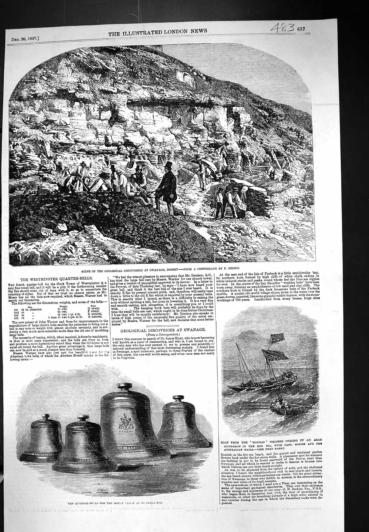 Old 1857 Geological Discoveries Swanage Bells Clock Westminster Boat Victorian