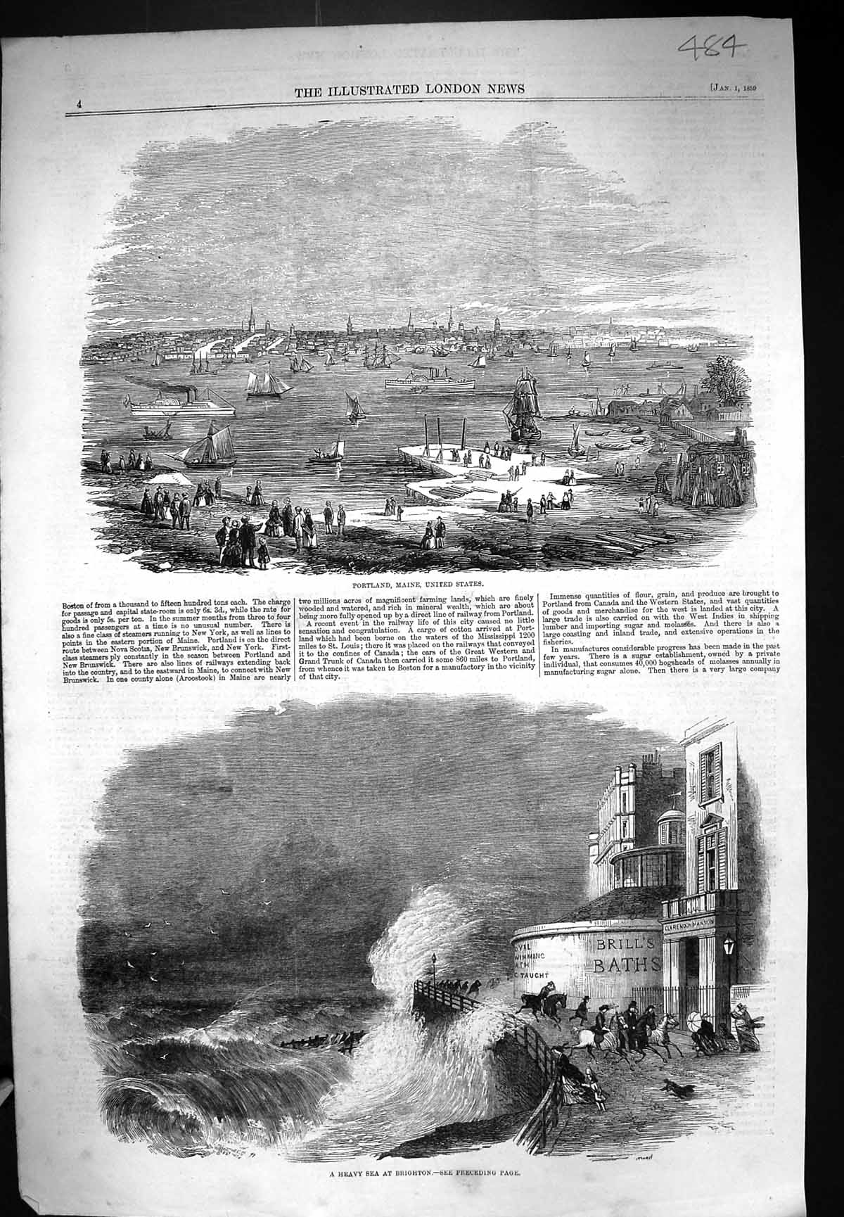 Old 1859 Portland Maine America Heavy Sea Brighton England Stormy Wea Victorian