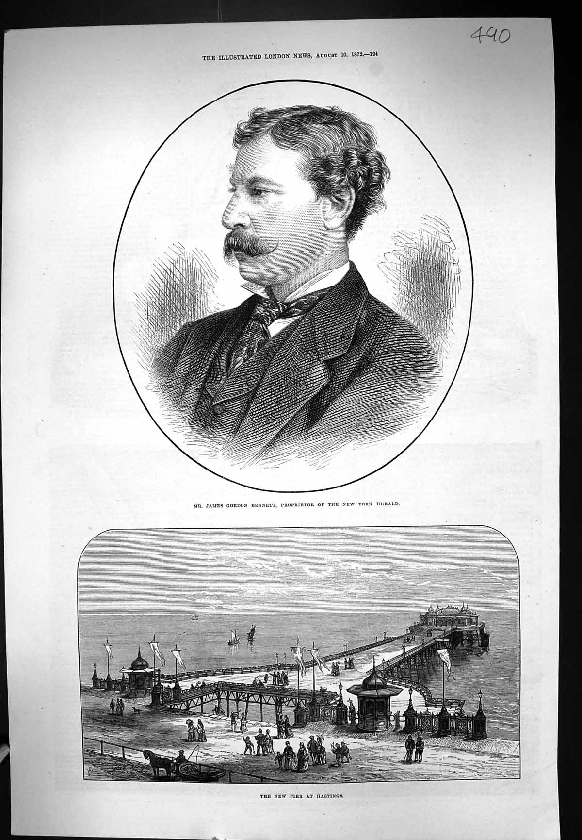 Old Print 1872 James Gordon Bennett New York Herald Pier Hastings England 19th