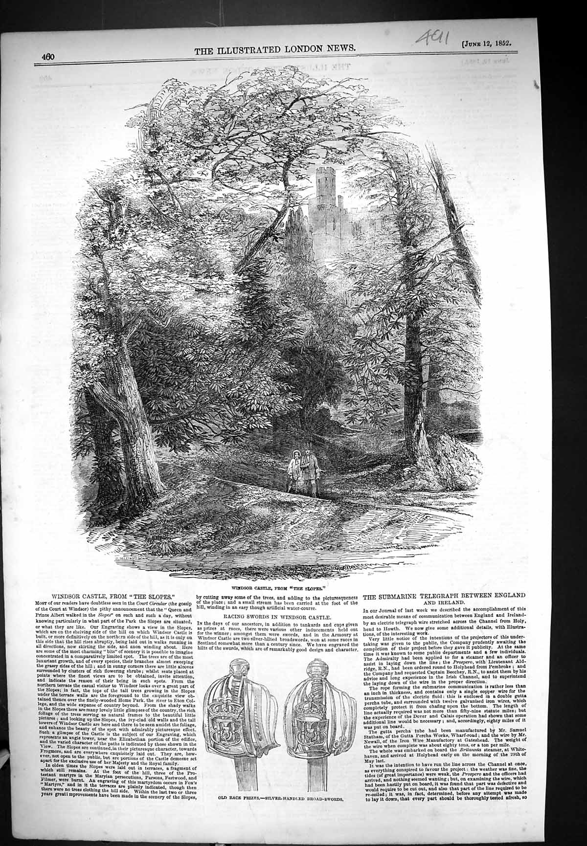 Old 1852 View Windsor Castle Slopes Silver-Handled Broad Swords Race Victorian