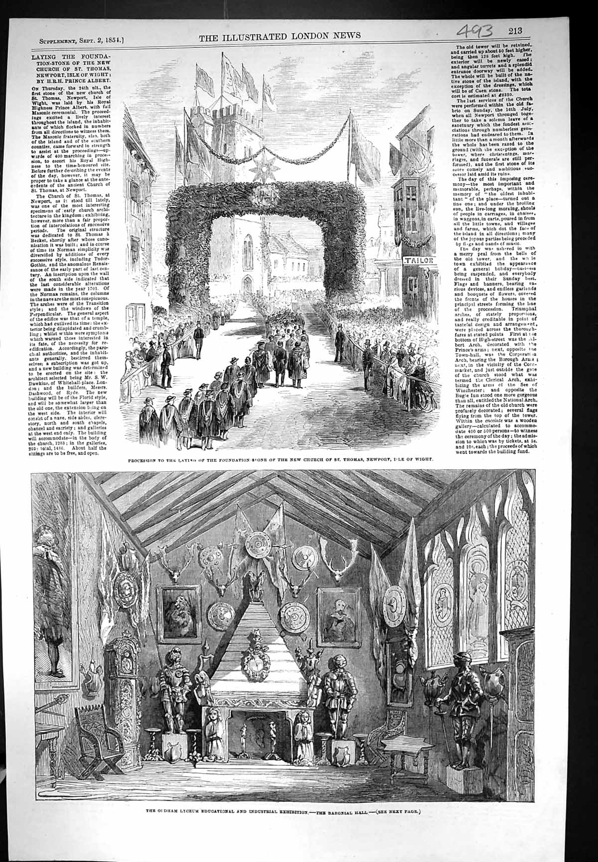 Old Print 1854 ham Lyceumm Educational Exhibition Baronial Hall Church T 19th
