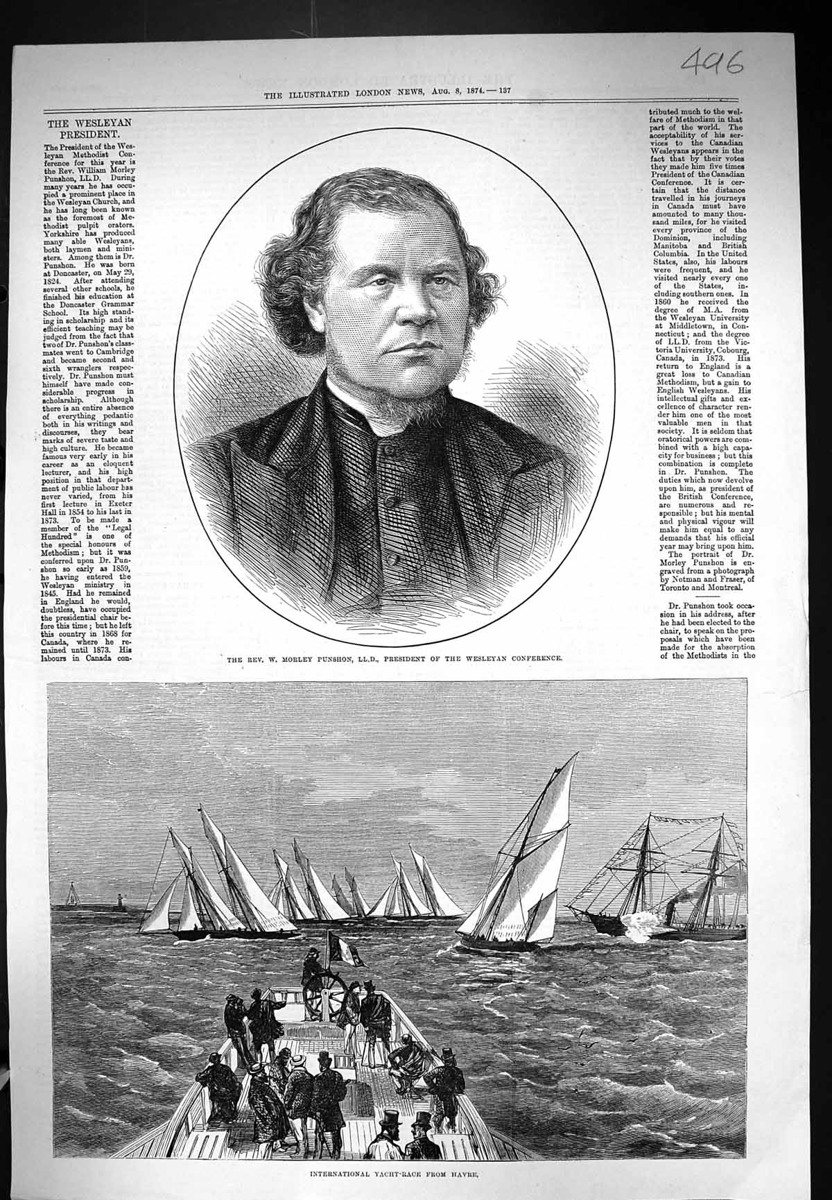 Old 1874 Rev. Morley Punshon Wesleyan Conference Yacht Race Havre Eng Victorian