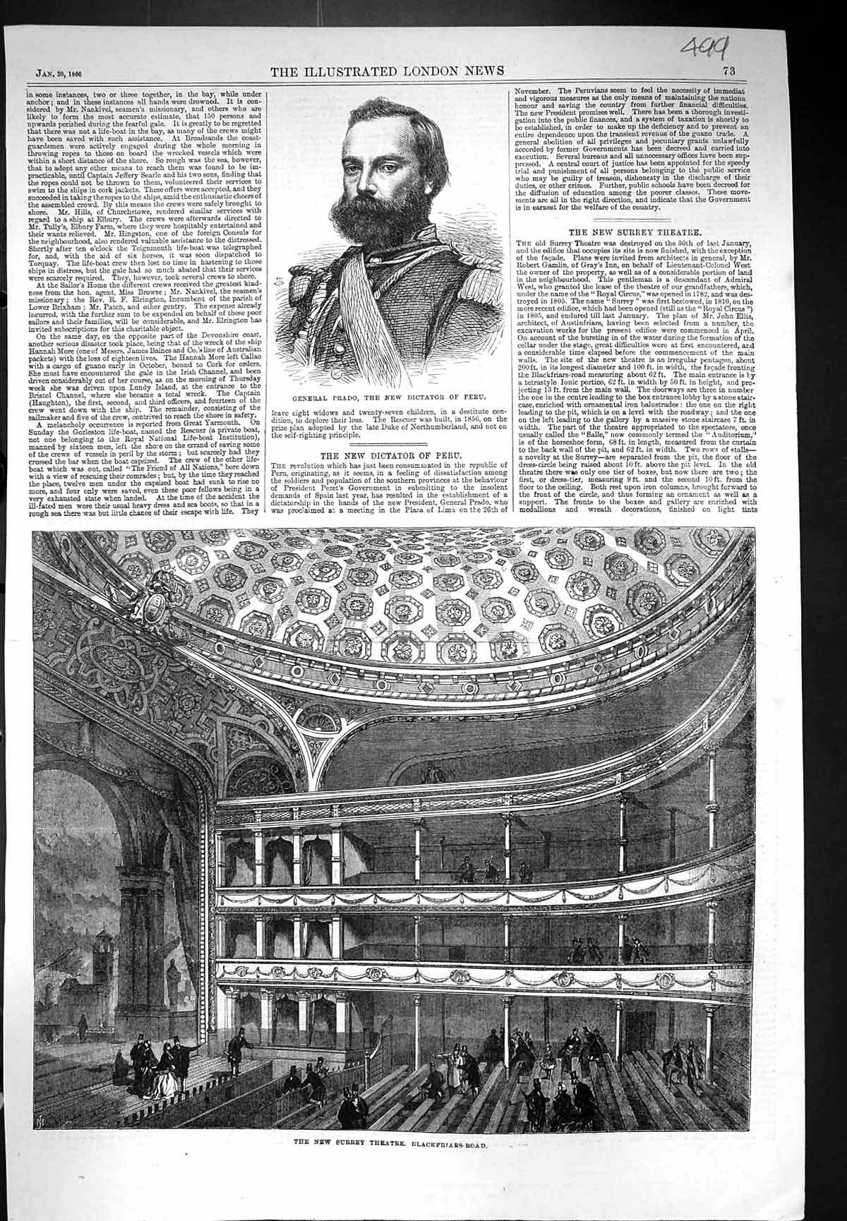 Old 1866 Surrey Theatre Blackfriars Road General Prado Dictator Peru Victorian