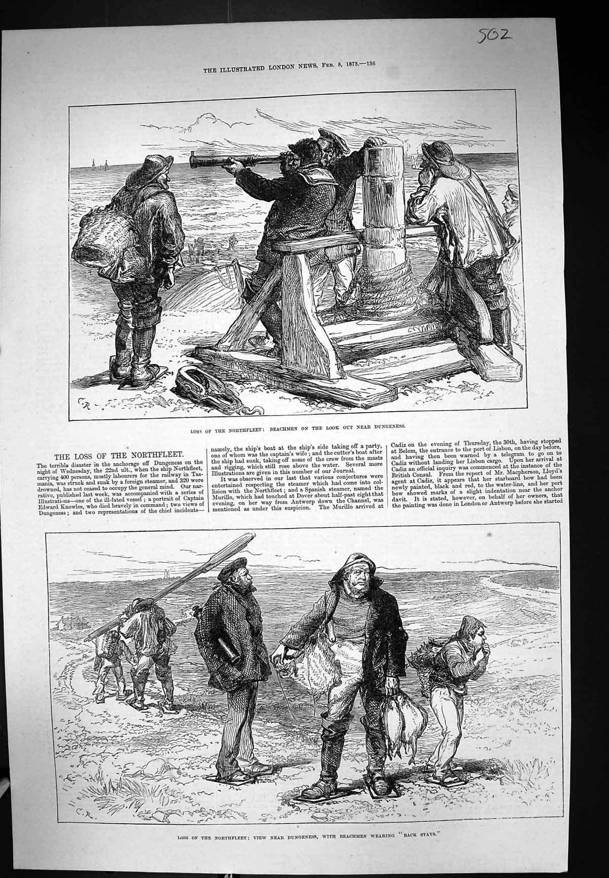 Antique Old Print 1873 Loss Northfleet Dungeness Beachmen Wearing Back Stays