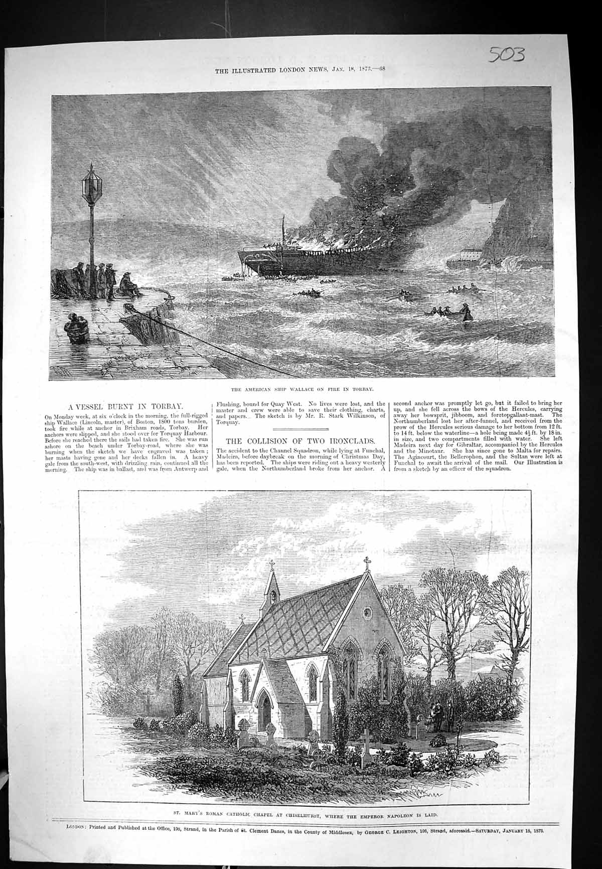 Old 1873 American Ship Wallace Fire Torbay Mary'S Roman Catholic Chap Victorian