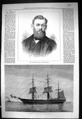 Old Antique Print 1873 Portrait Captain Knowles Northfleet Ship Gravesend 19th