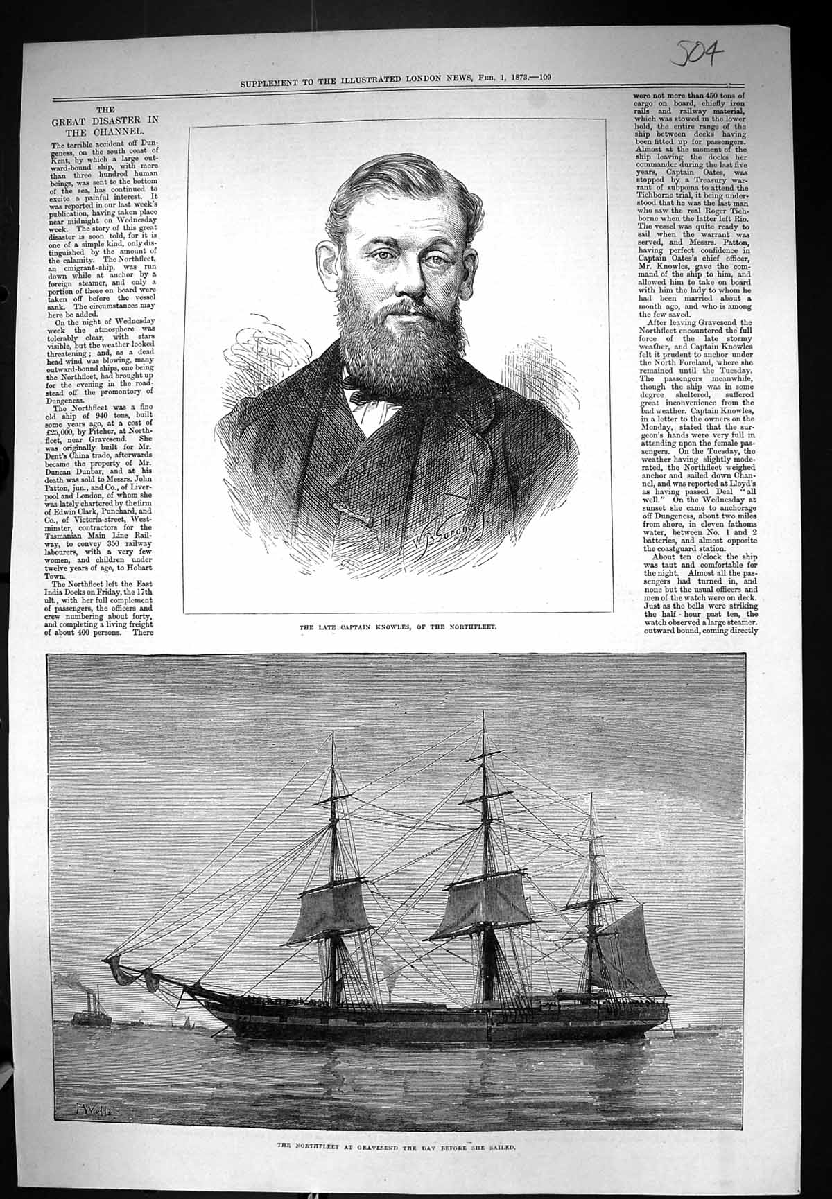 Old Antique Print 1873 Portrait Captain Knowles Northfleet Ship Gravesend 19th