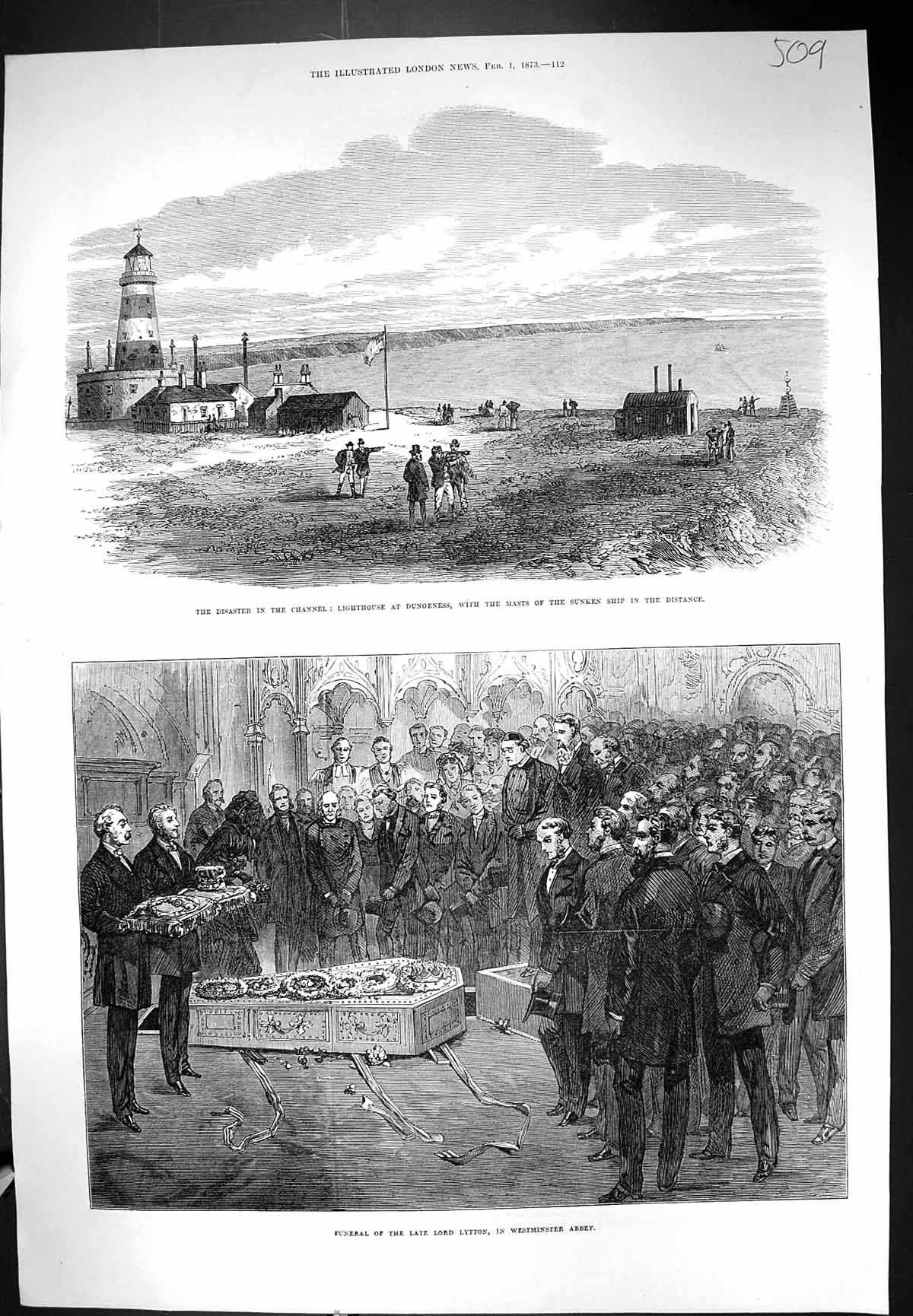 Old 1873 Lighthouse Dungeness Masts Sunken Ship Funeral Lord Lytton W Victorian